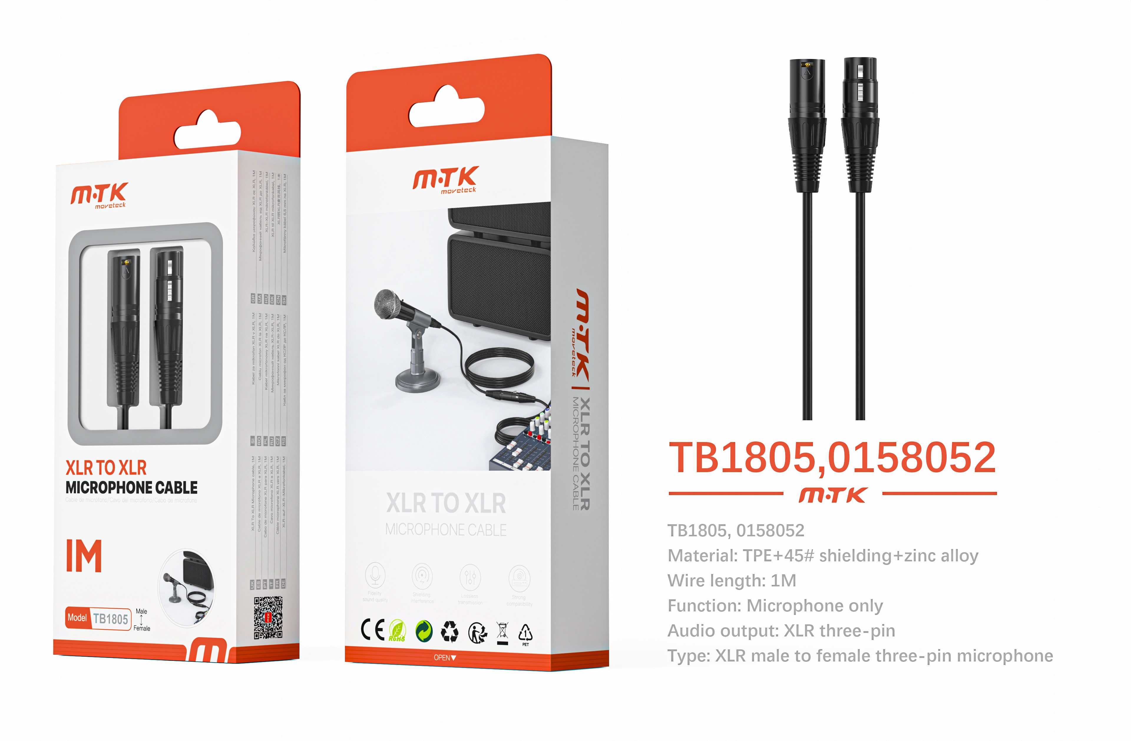 TB1805 NE Luxury Cable de audio zinc blindado XLR(Macho) a XLR 3 pin (Hembra) para microfono, 1m, Ne