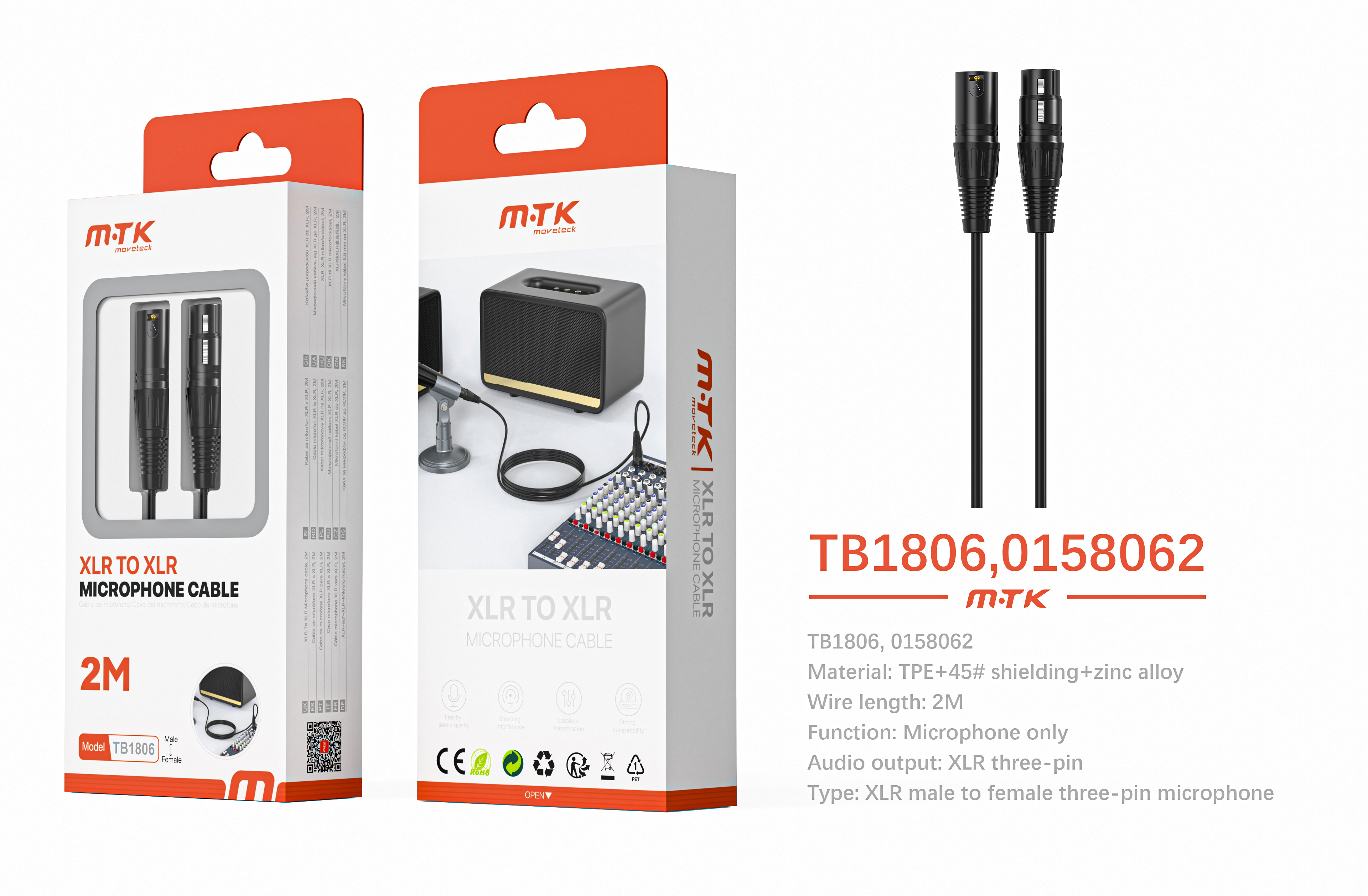 TB1806 NE Luxury Cable de audio zinc blindado XLR(Macho) a XLR 3 pin (Hembra) para microfono, 2m, Ne