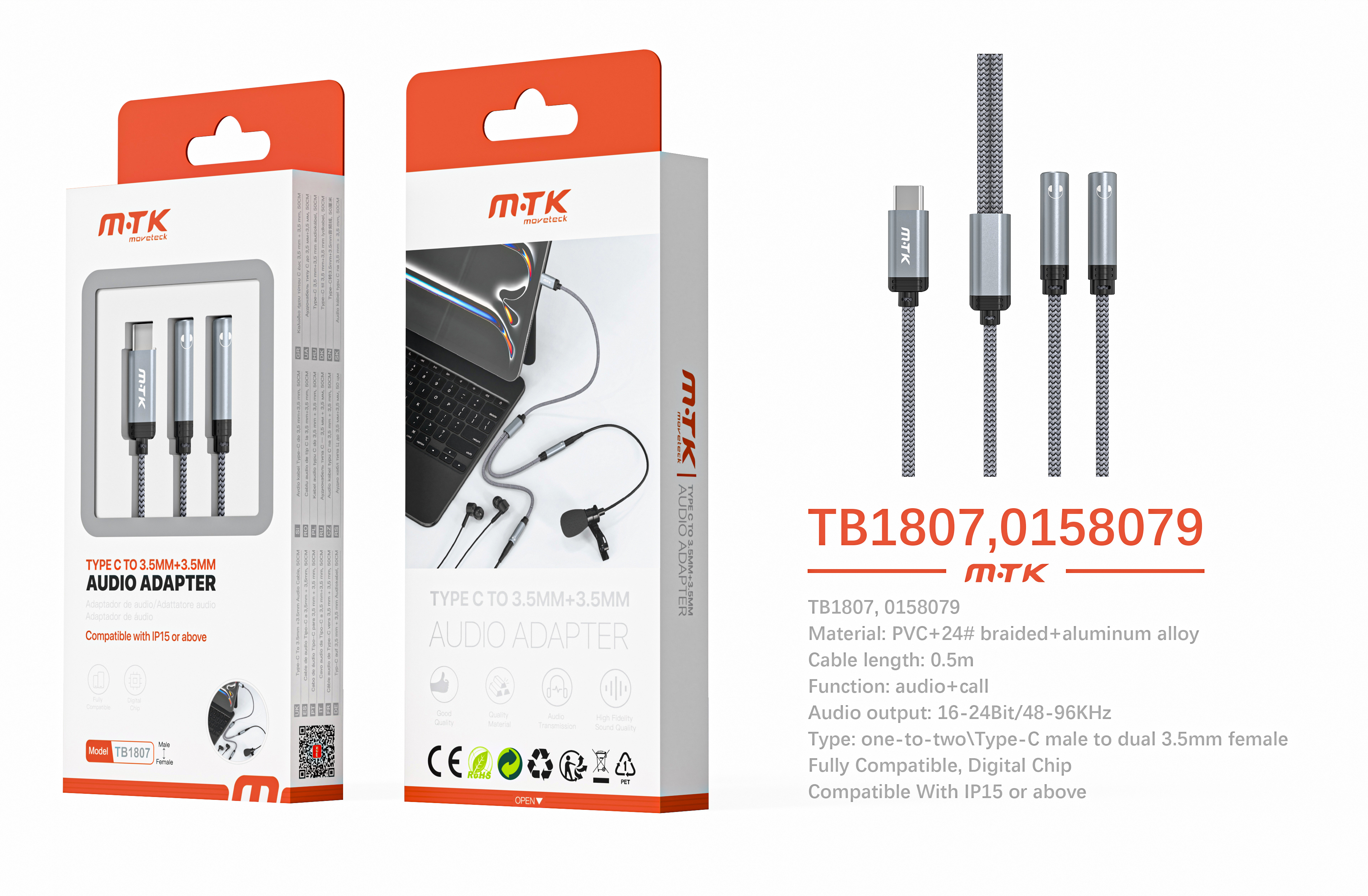 TB1807 GR Luxury Adaptador 2 en  1 Type-C a Audio 3.5mm*2 Soporta llamada y audio, Full compatible,