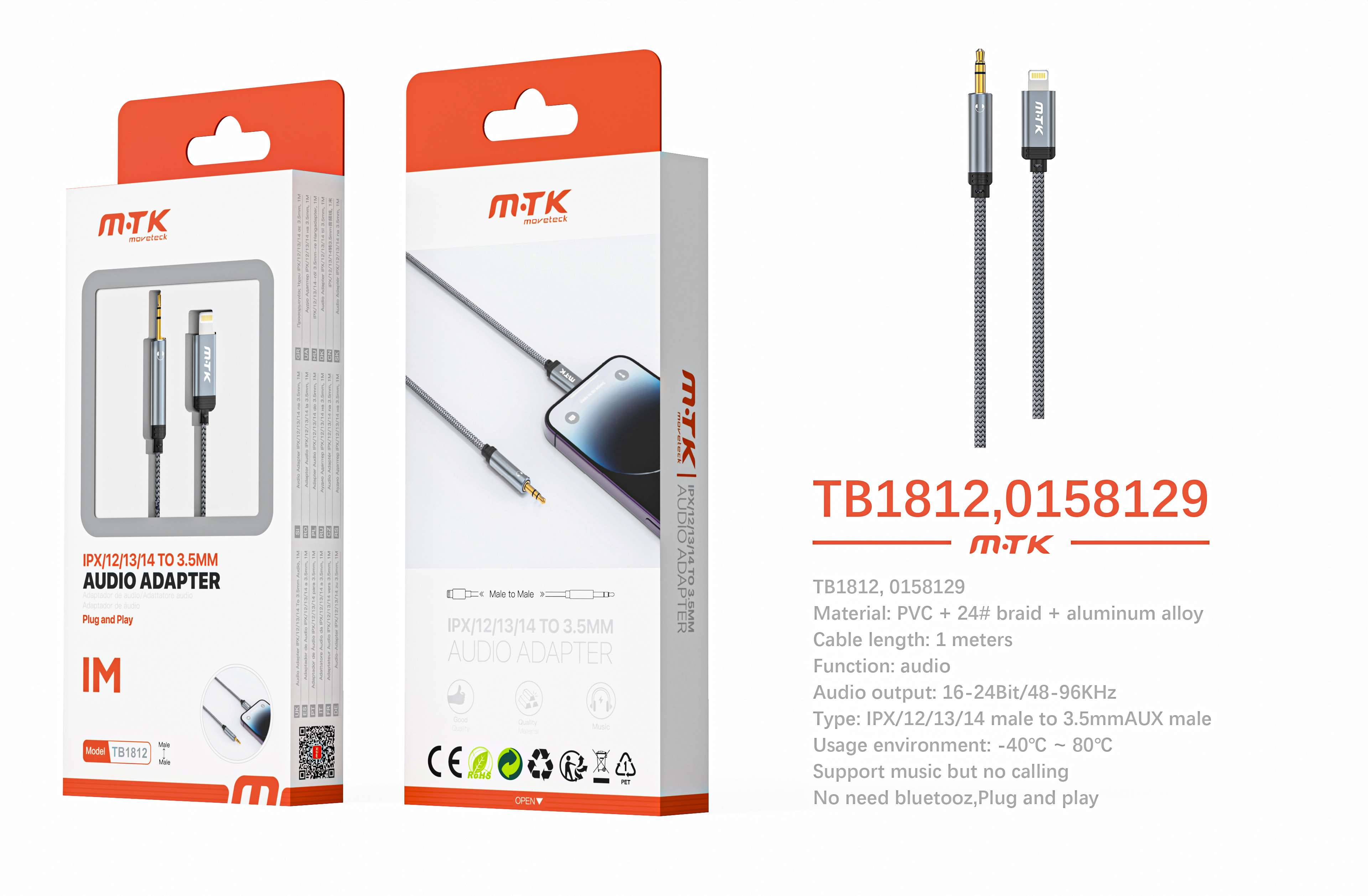 TB1812 GR Luxury  Cable de audio aluminio trenzado Iphone a Audio 3.5mm, Plug and Play, 1m, Gris