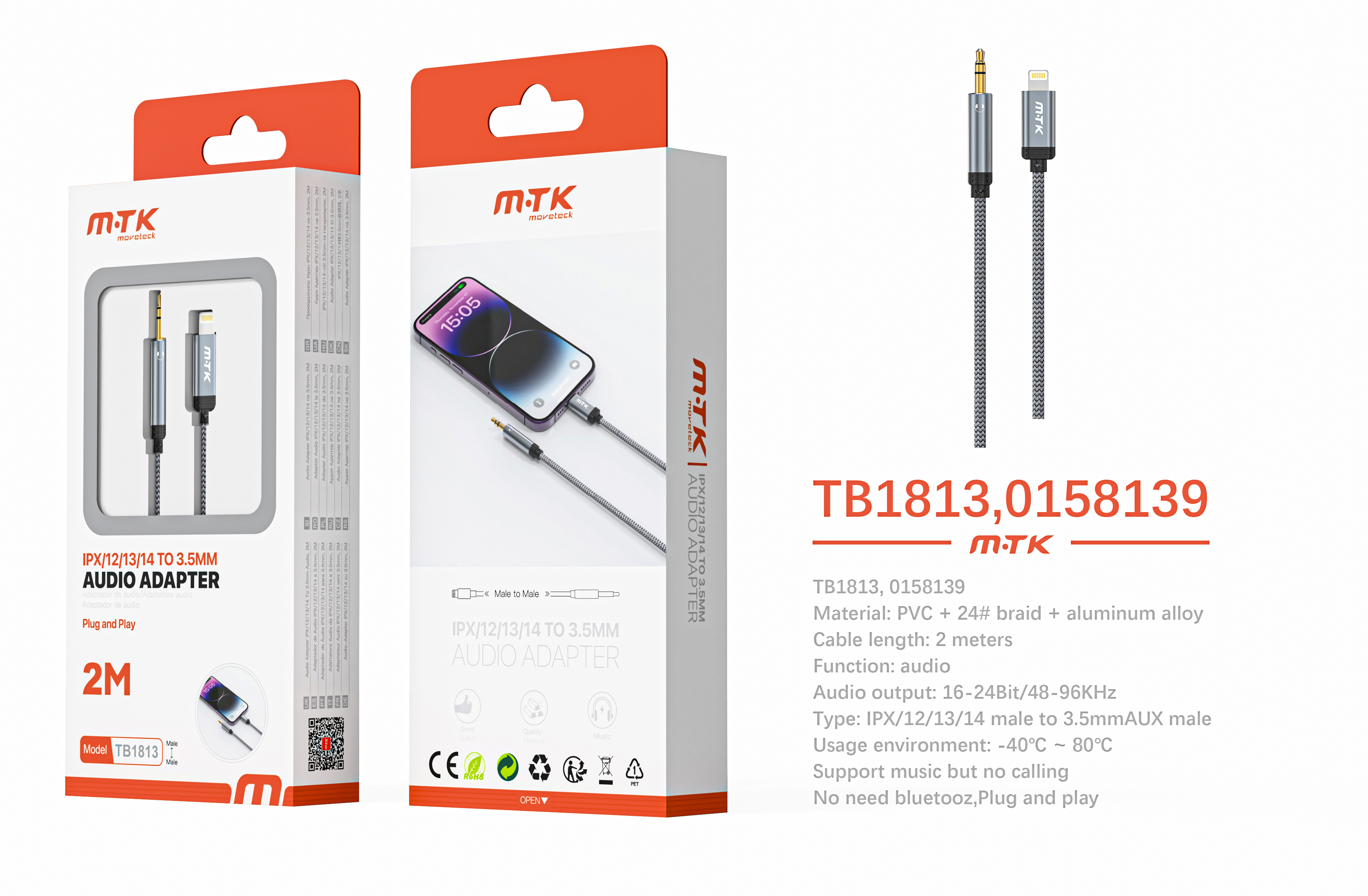 TB1813 GR Luxury  Cable de audio aluminio trenzado Iphone a Audio 3.5mm, Plug and Play, 2m, Gris