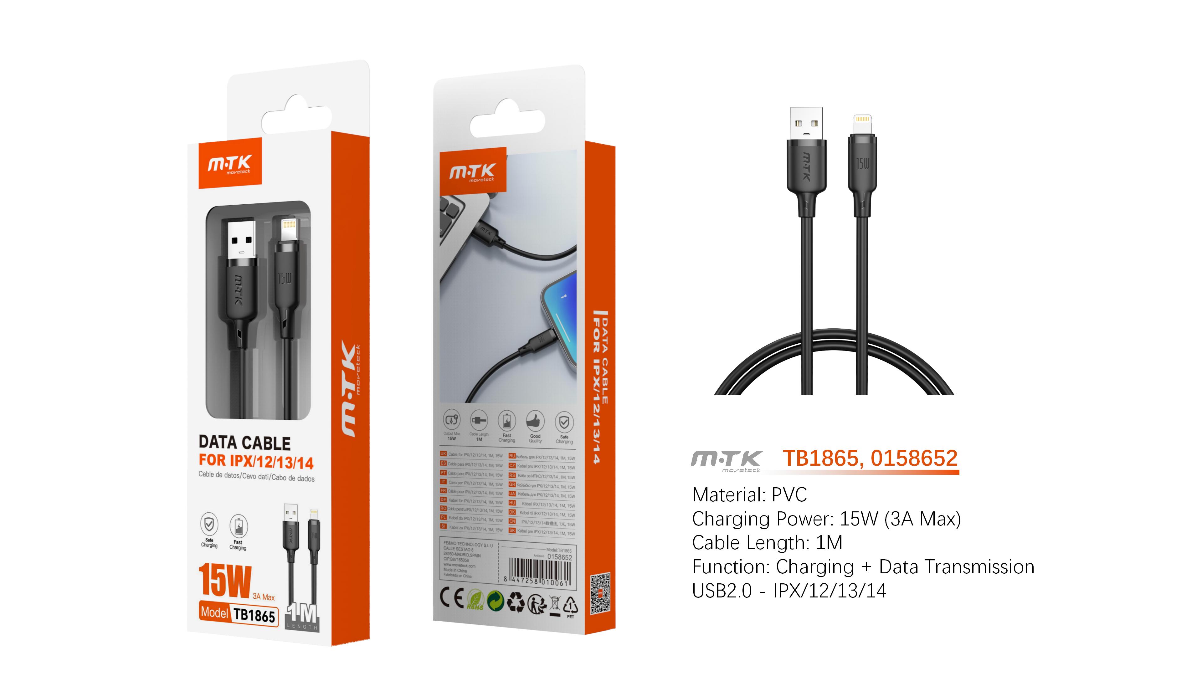 TB1865 NE Cable de Datos Orvion para Iphone 5-14  15W/3A/1M, Negro