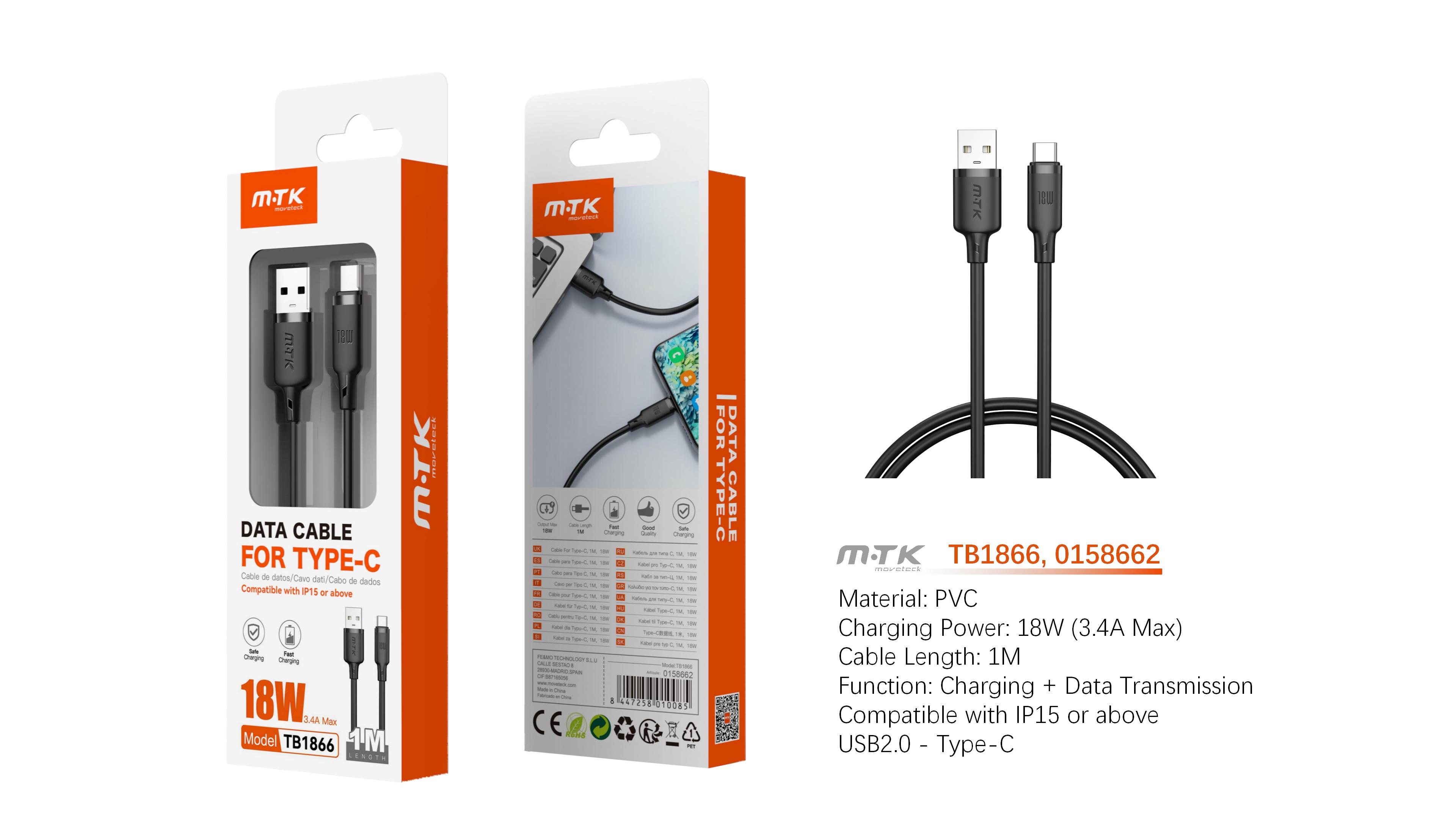 TB1866 NE Cable de Datos Orvion para Type-C  3.4A/18W/1M, Negro