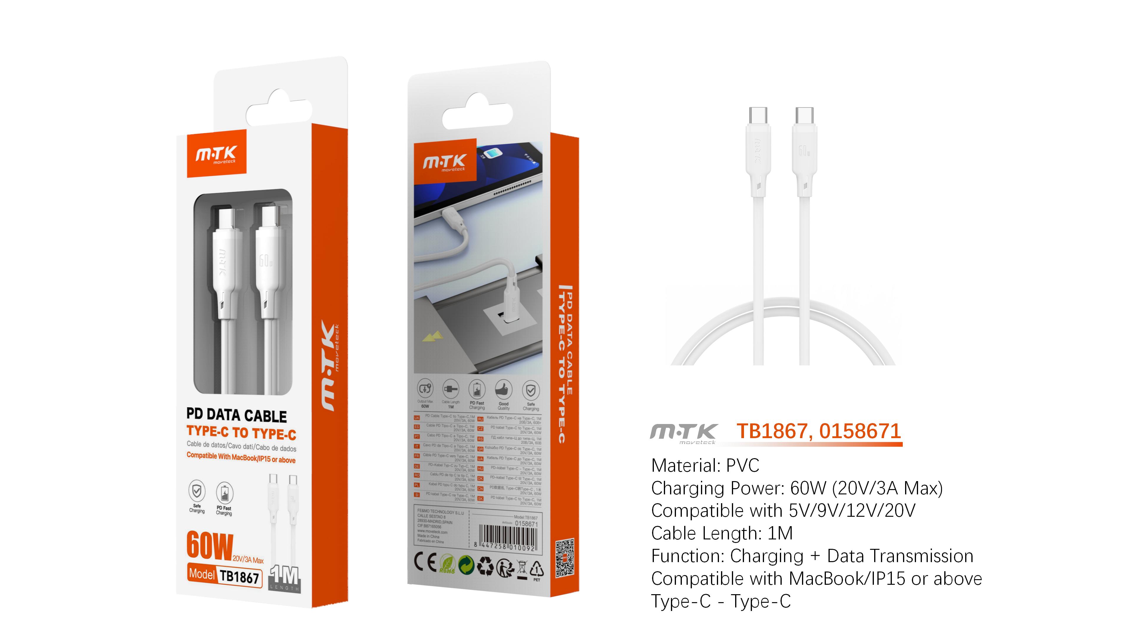 TB1867 BL Cable de Datos Orvion con carga rapida para Type-C a Type-C  60W/20V/3A/1M, Blanco