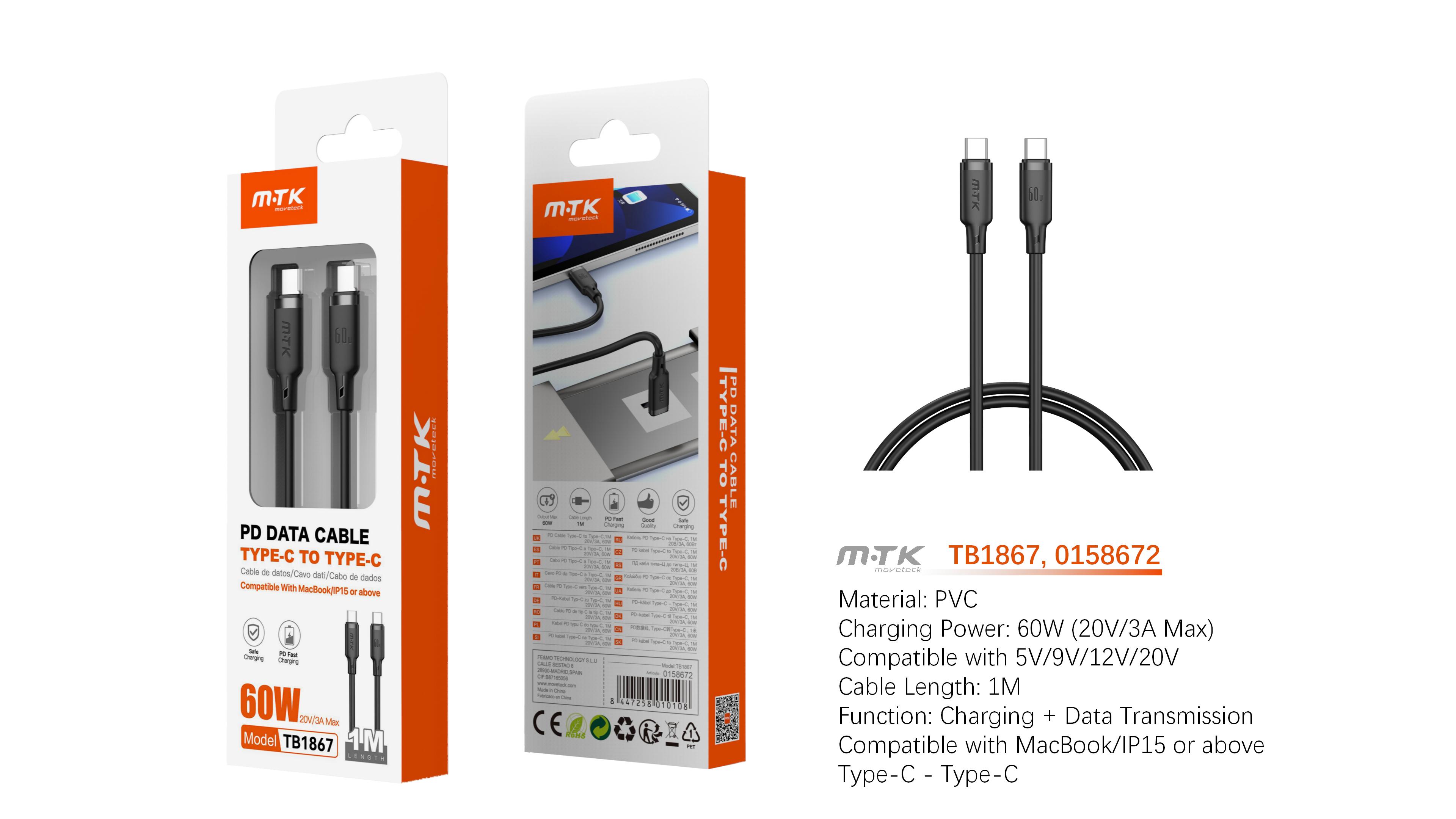 TB1867 NE Cable de Datos Orvion con carga rapida para Type-C a Type-C  60W/20V/3A/1M, Negro