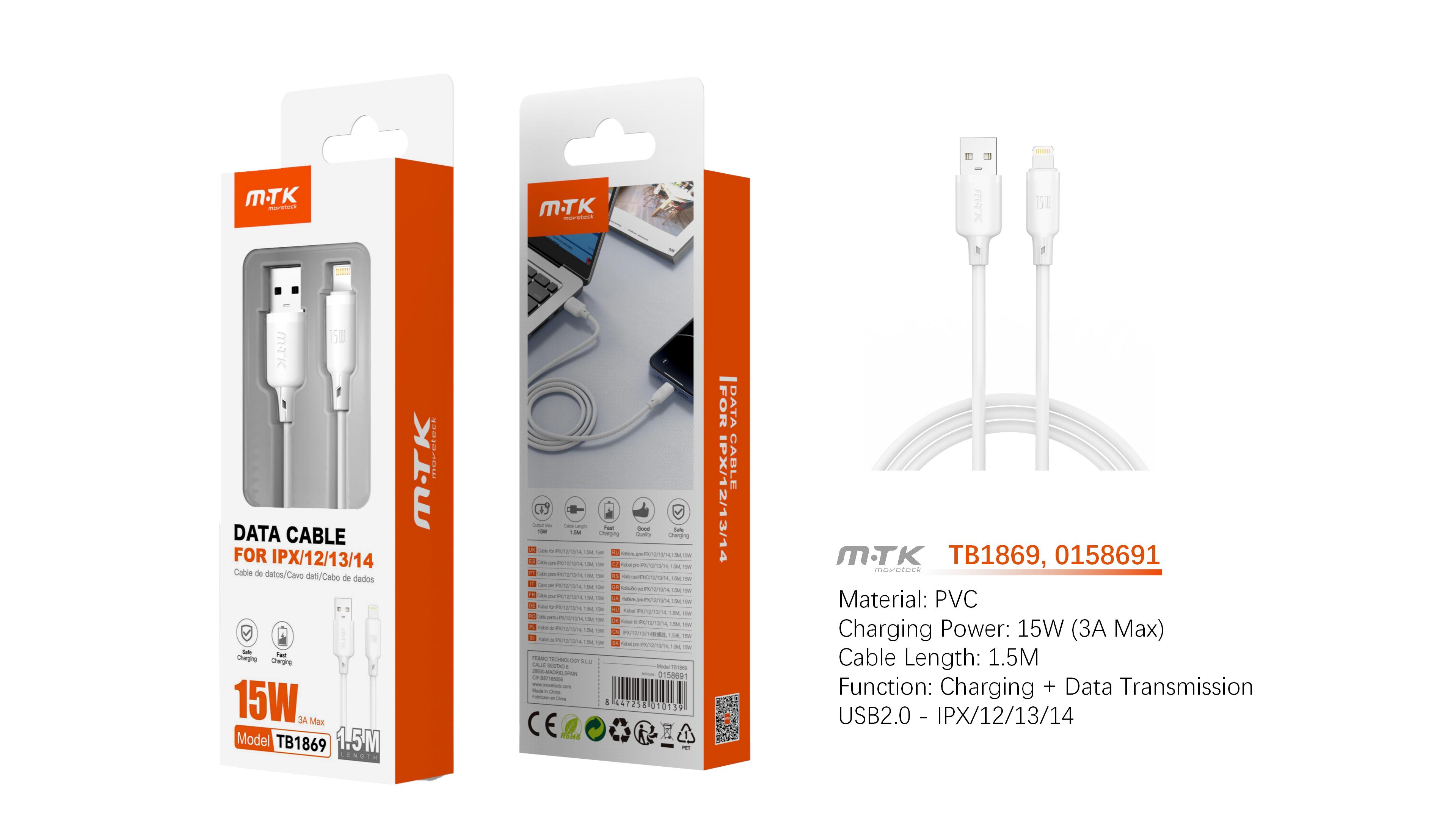TB1869 BL Cable de Datos Orvion para Iphone 5-14  15W/3A/1.5M, Blanco