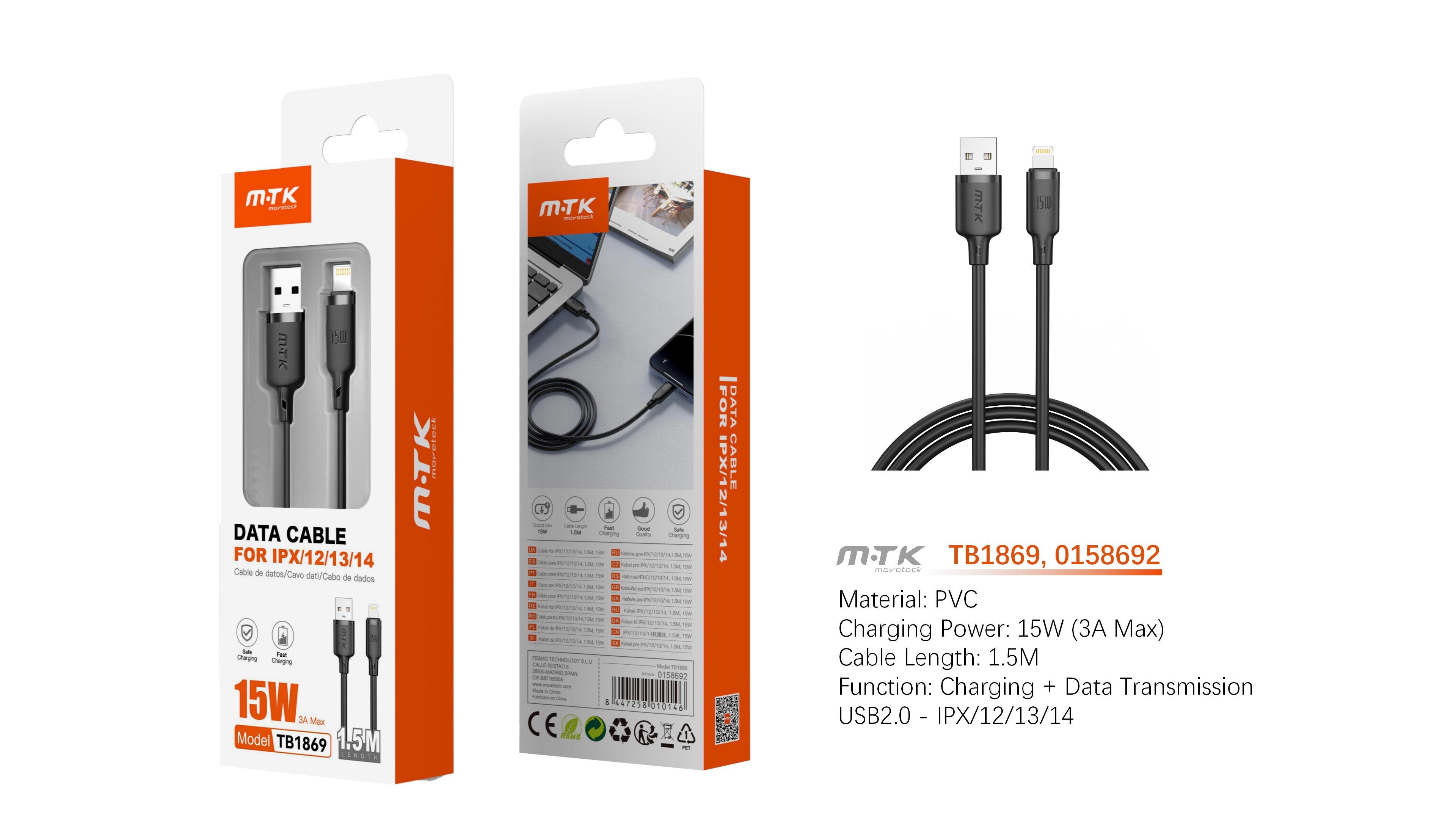 TB1869 NE Cable de Datos Orvion para Iphone 5-14  15W/3A/1.5M, Negro