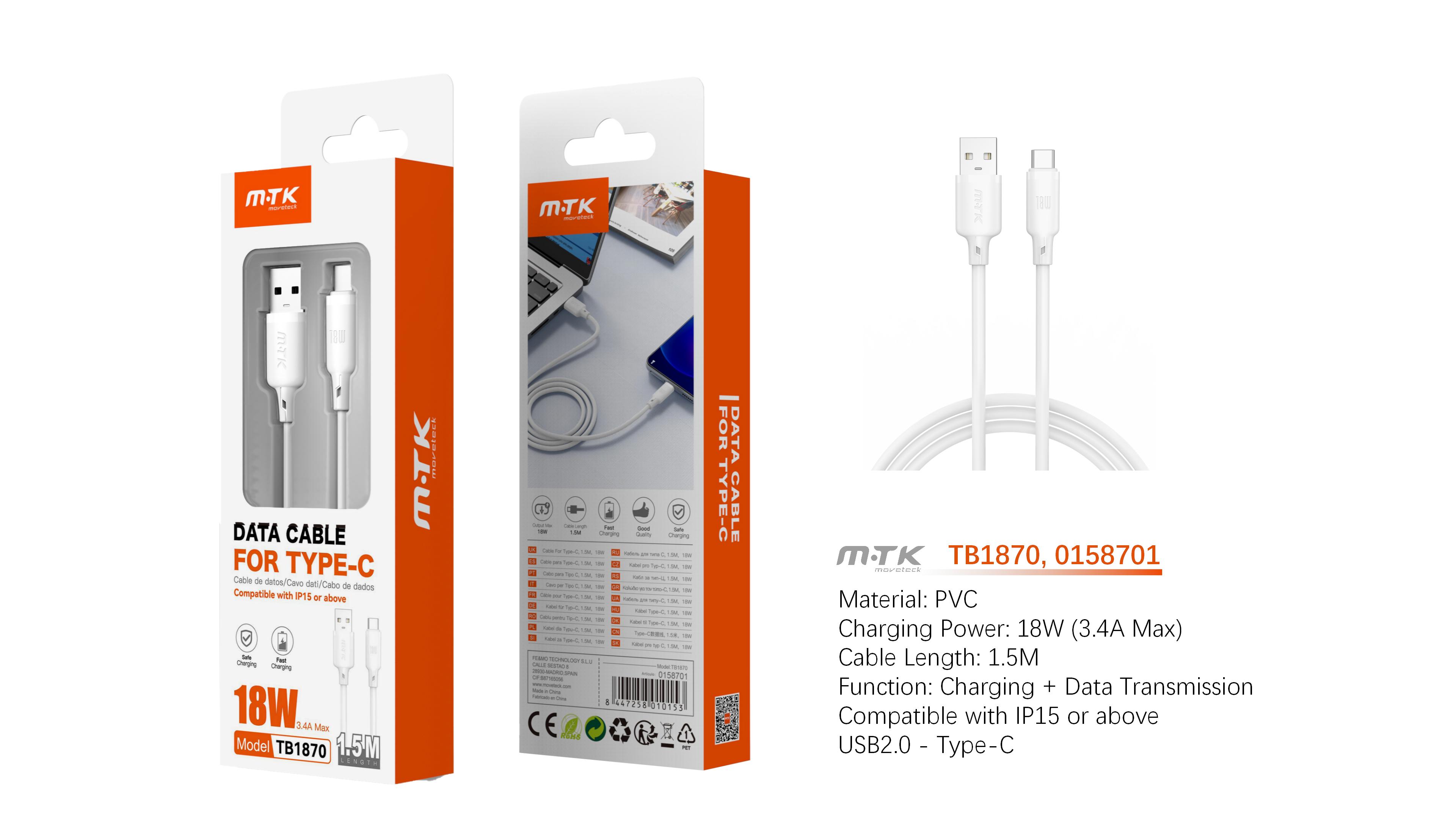 TB1870 BL Cable de Datos Orvion para Type-C  18W/3.4A/1.5M, Blanco