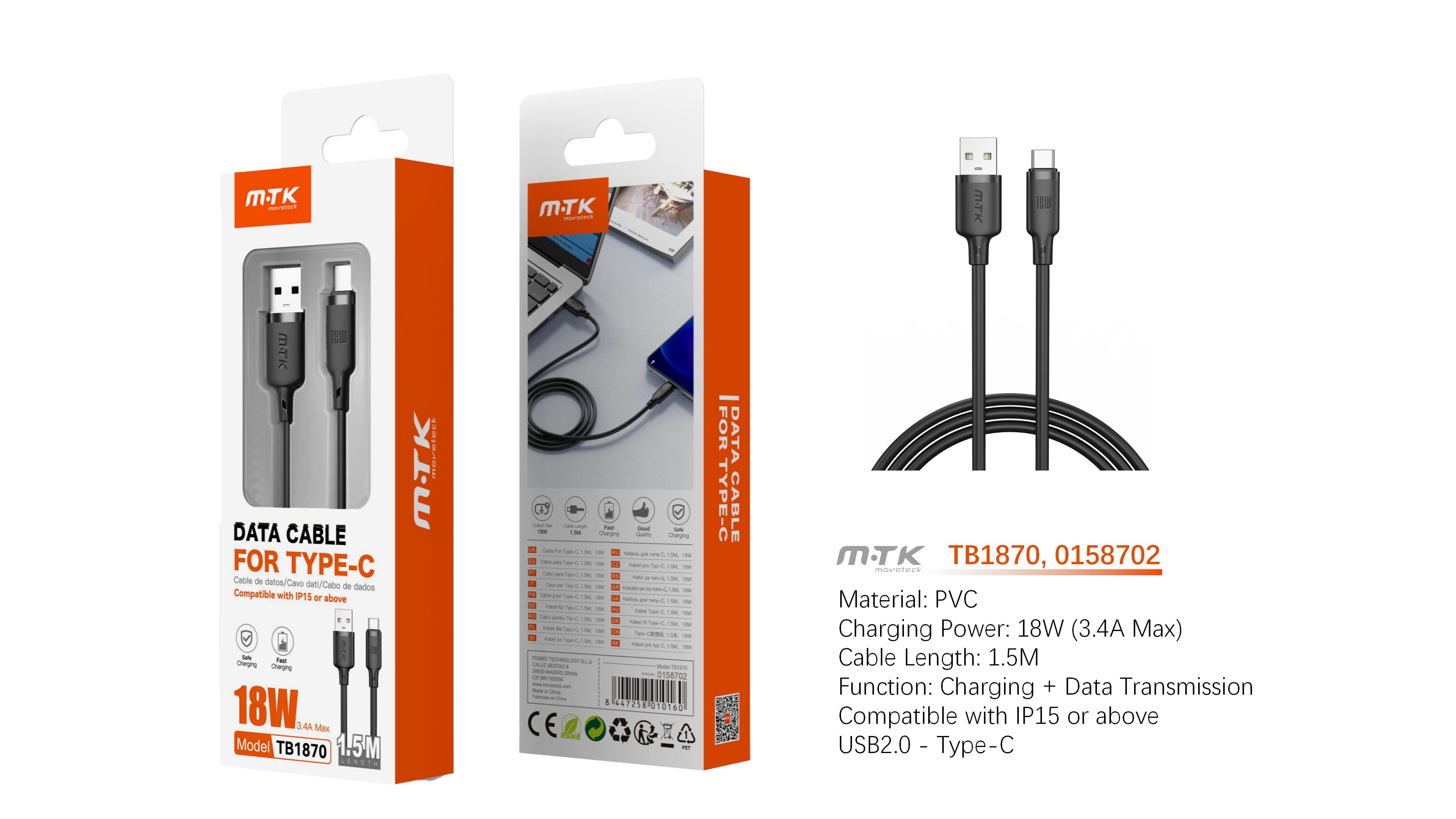 TB1870 NE Cable de Datos Orvion para Type-C  18W/3.4A/1.5M, Negro
