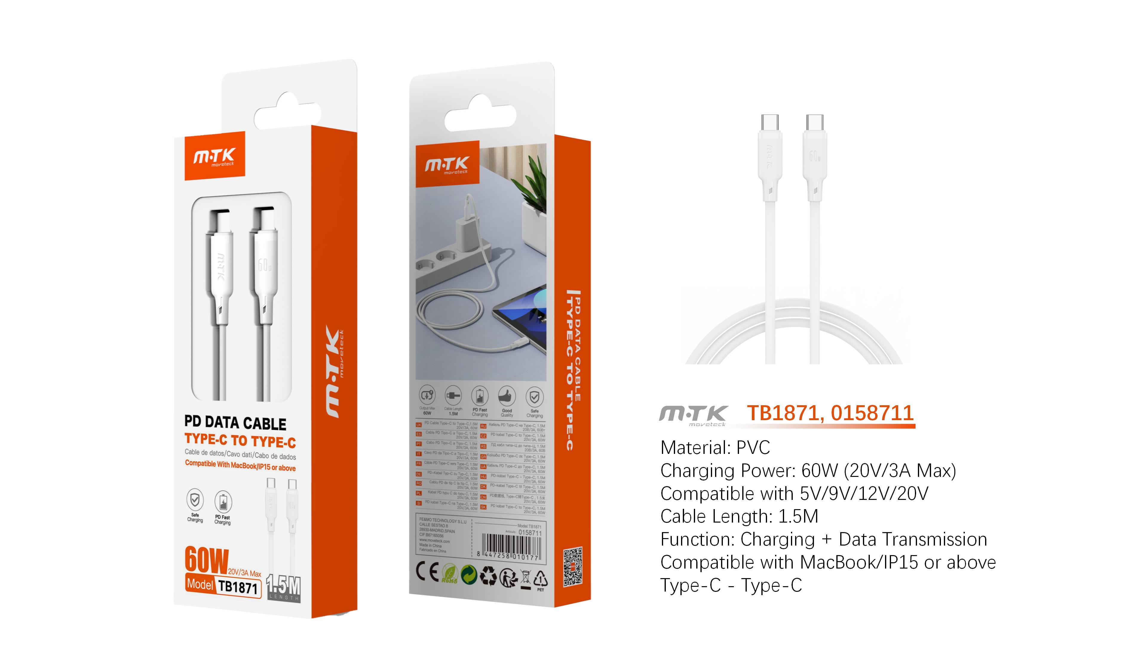 TB1871 BL Cable de Datos Orvion con carga rapida para Type-C a Type-C  60W/20V/3A/1.5M, Blanco