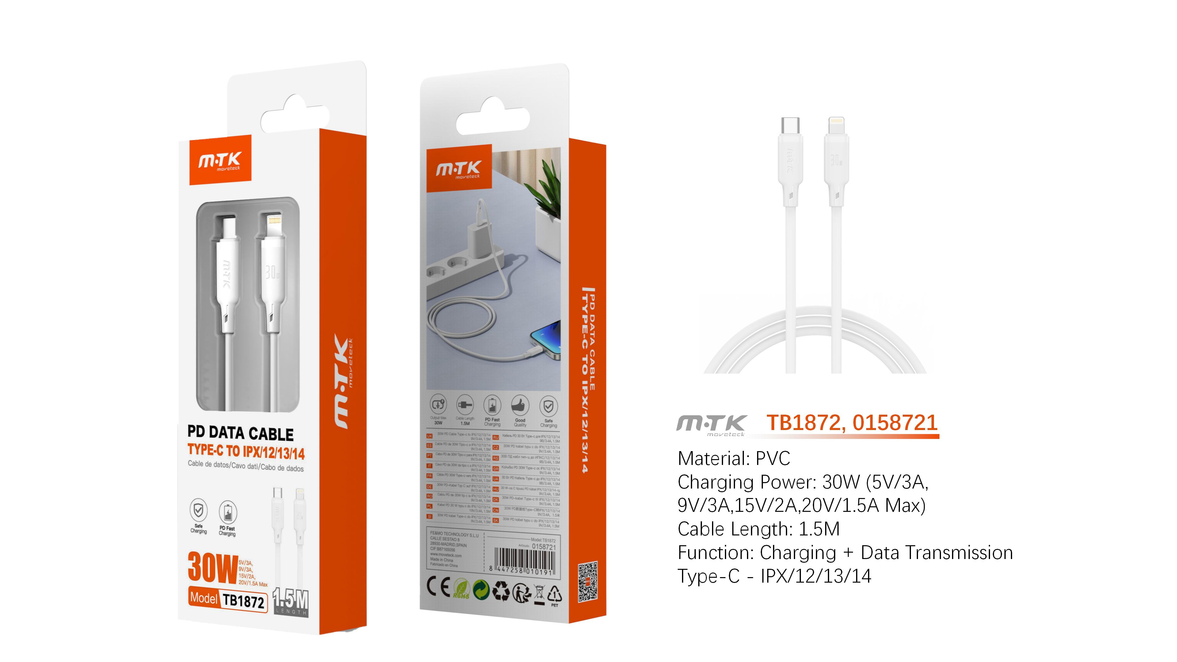 TB1872 BL Cable de Datos Orvion con carga rapida para Type-C a Iphone  30W/20V/1.5A/1.5M, Blanco