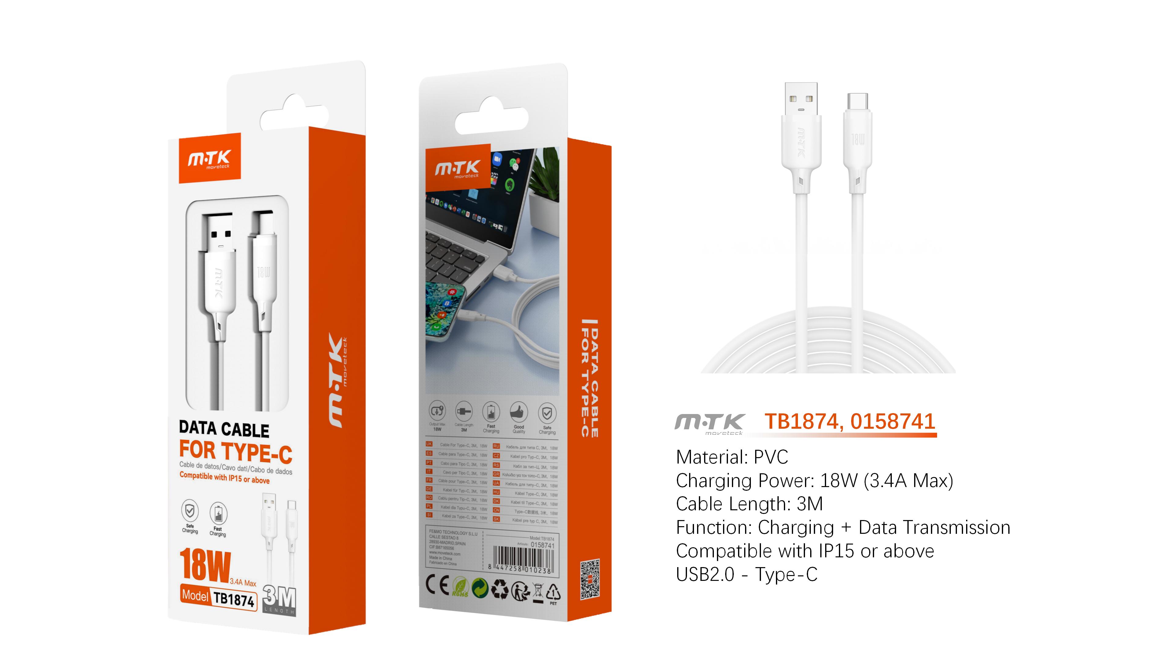 TB1874 BL Cable de Datos Orvion para Type-C  3.4A/18W/3M, Blanco