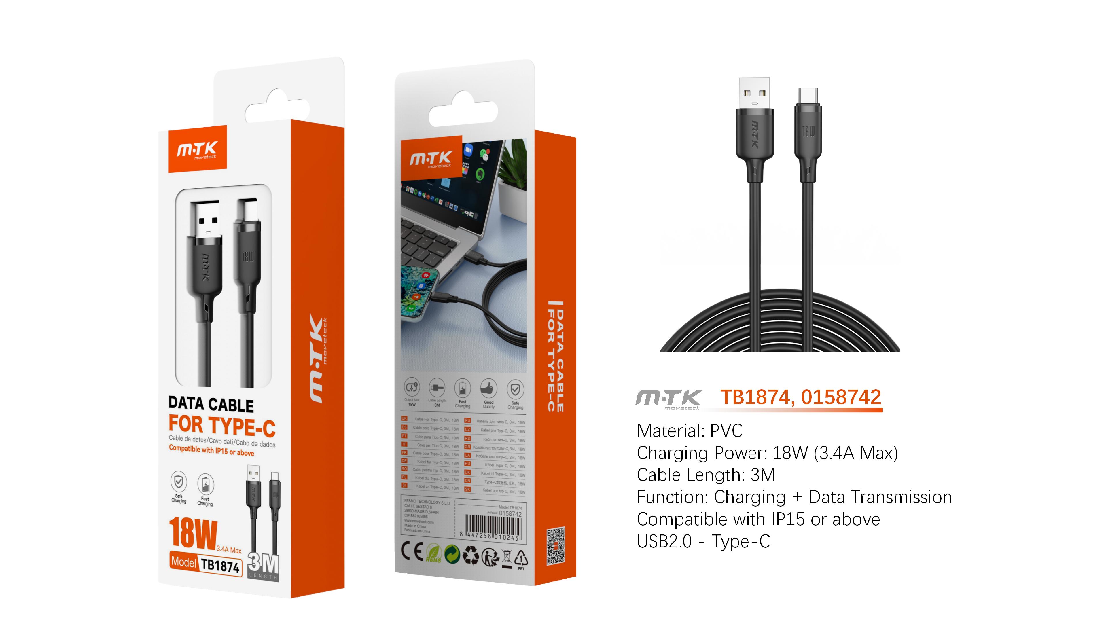 TB1874 NE Cable de Datos Orvion para Type-C  3.4A/18W/3M, Negro