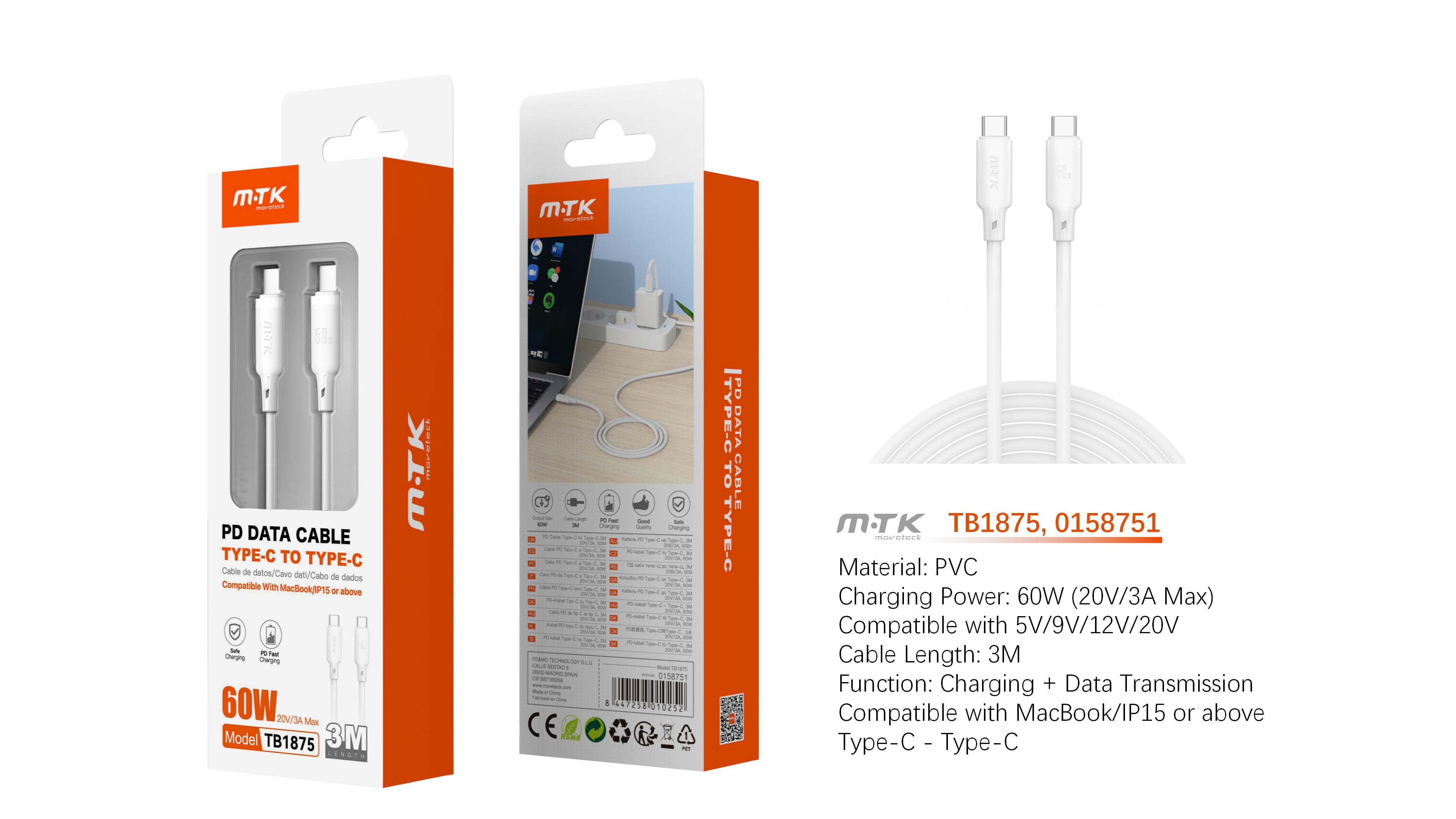 TB1875 BL Cable de Datos Orvion con carga rapida para Type-C a Type-C  60W/20V/3A/3M, Blanco