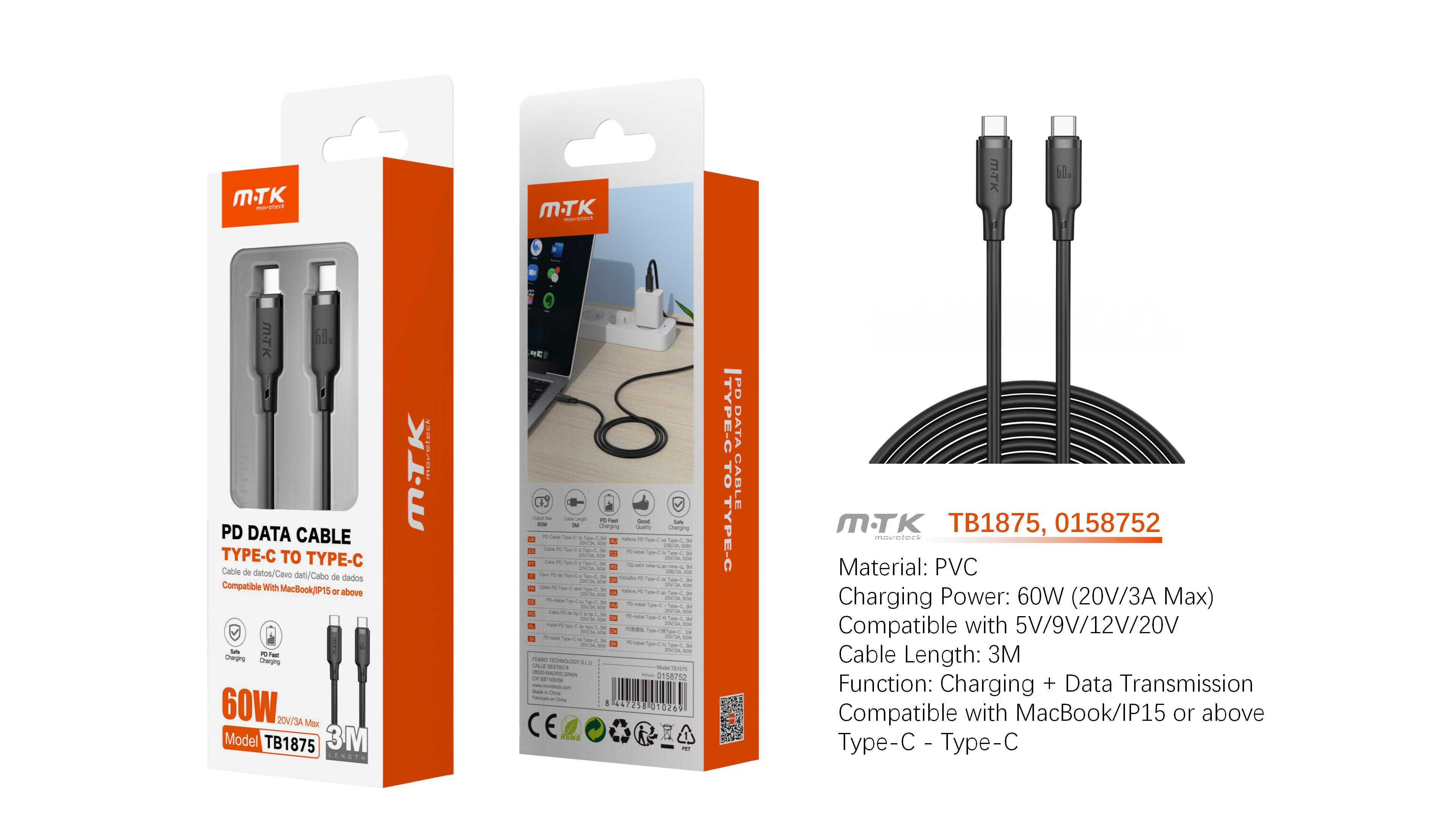 TB1875 NE Cable de Datos Orvion con carga rapida para Type-C a Type-C  60W/20V/3A/3M, Negro
