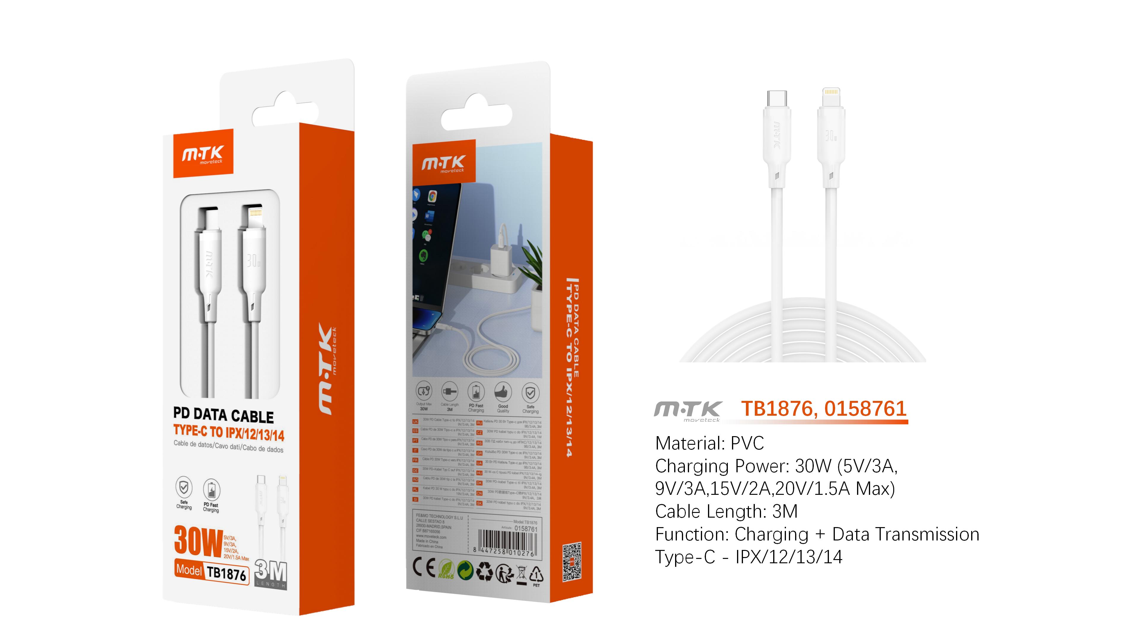 TB1876 BL Cable de Datos Orvion con carga rapida para Type-C a Iphone  30W/20V/1.5A/3M, Blanco