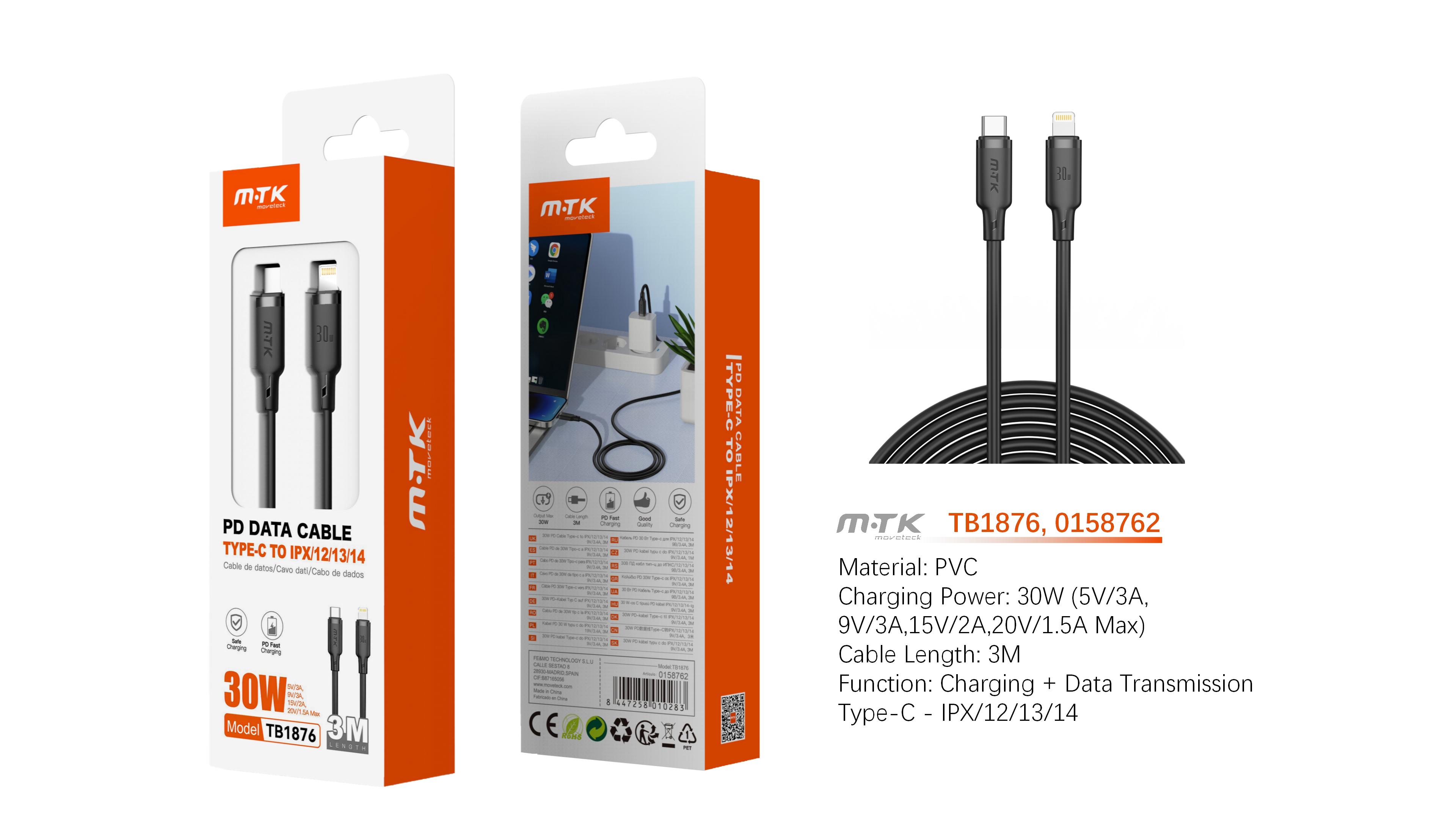TB1876 NE Cable de Datos Orvion con carga rapida para Type-C a Iphone  30W/20V/1.5A/3M, Negro