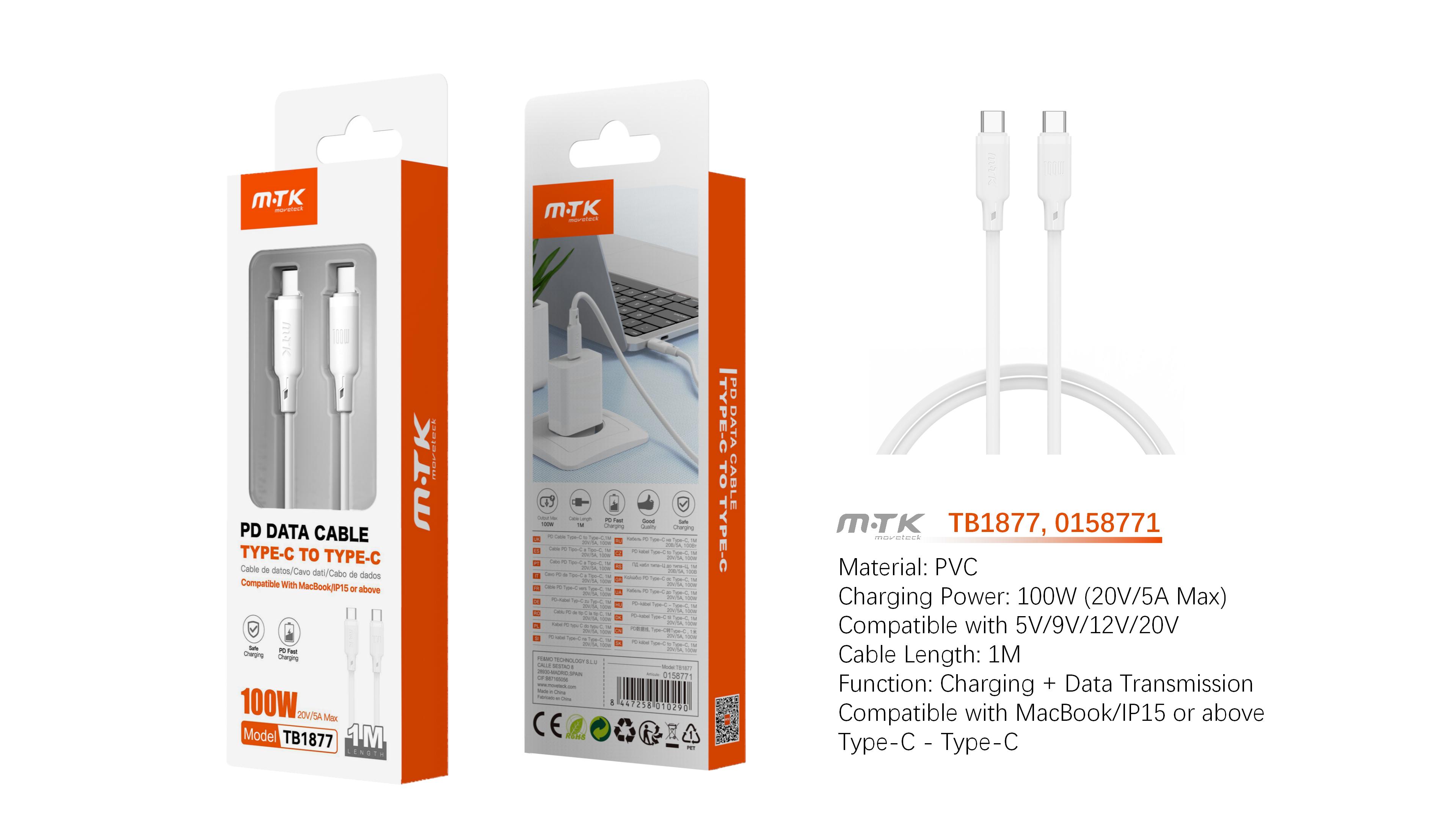 TB1877 BL Cable de Datos Orvion con carga rapida para Type-C a Type-C  100W/20V/5A/1M, Blanco