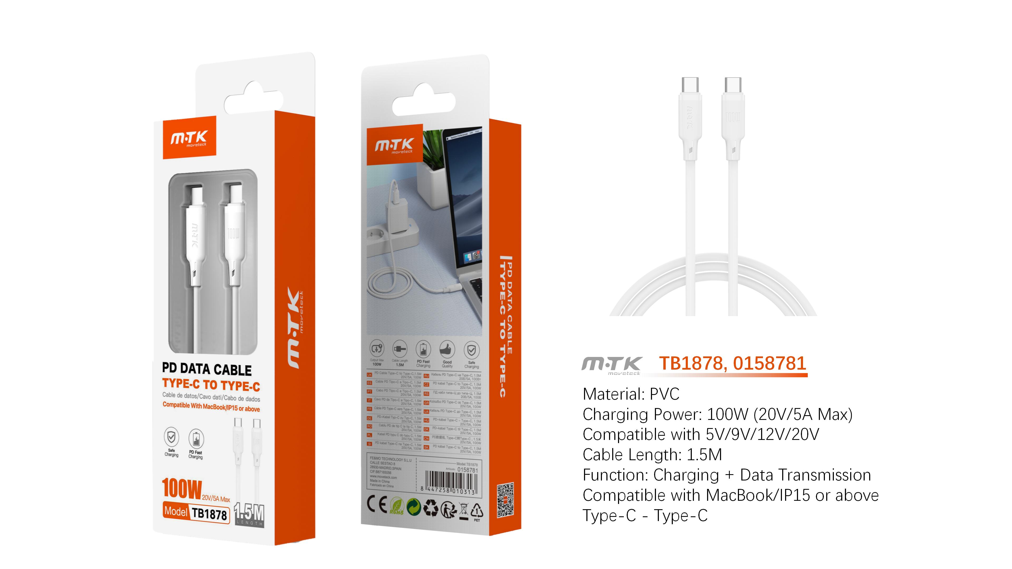 TB1878 BL Cable de Datos Orvion con carga rapida para Type-C a Type-C  100W/20V/5A/1.5M, Blanco