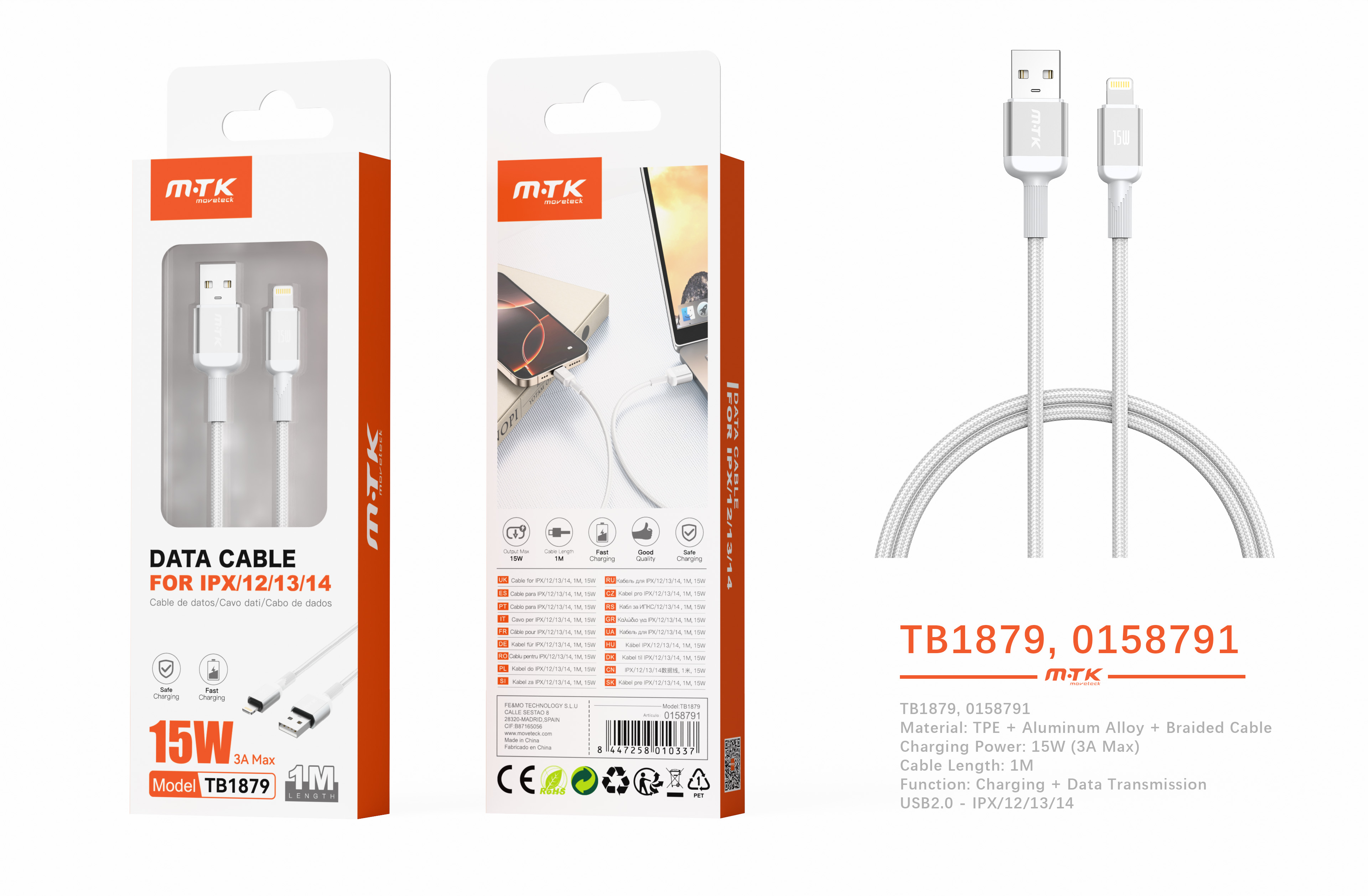 TB1879 BL Cable de datos Blarkon aluminio trenzado para Iphone 5-14, 15W/3A Max, 1M, Blanco