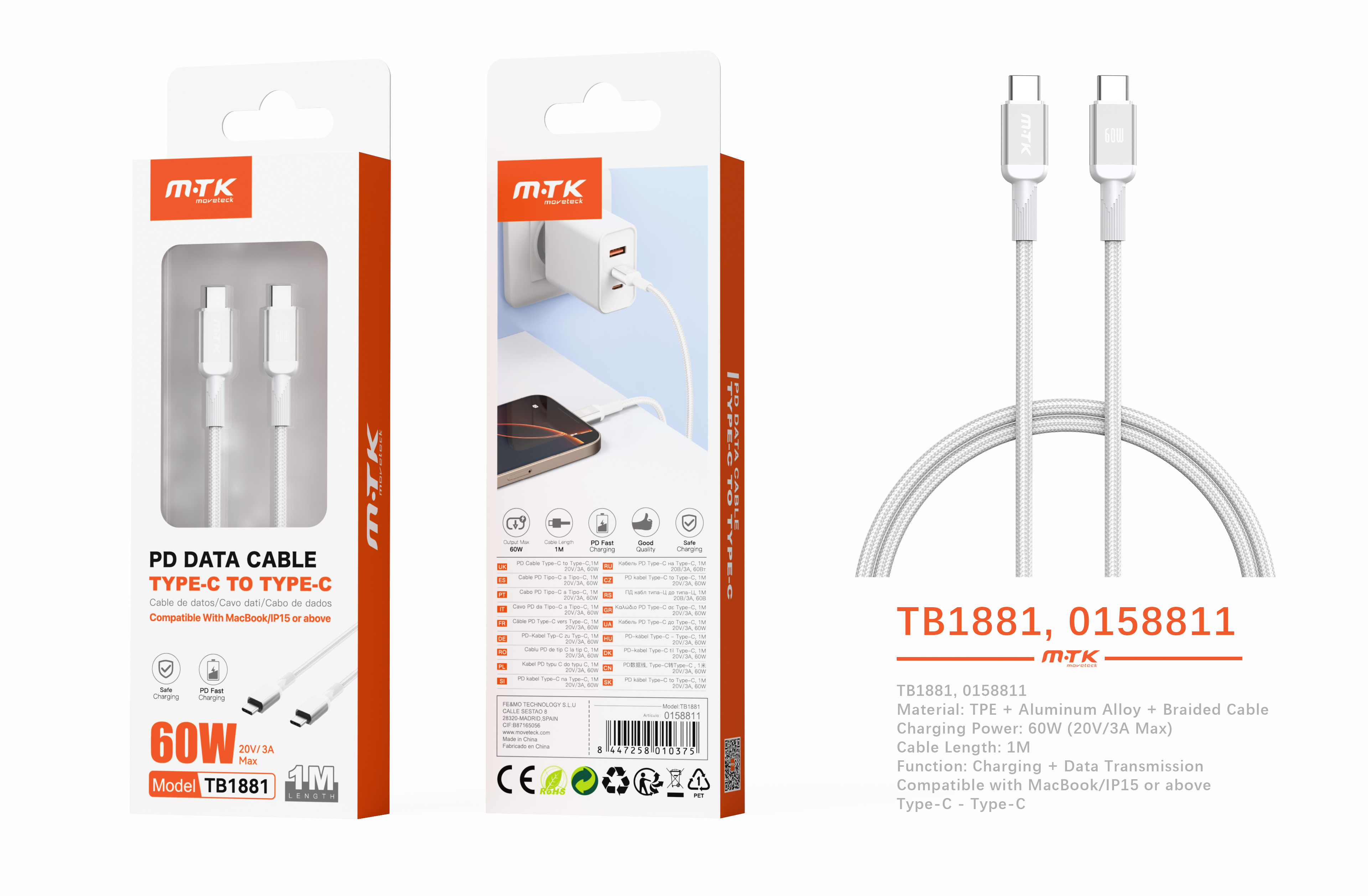 TB1881 BL Cable de datos Blarkon aluminio trenzado para Type-C a Type-C con carga rapida PD, 60W/20V/3A, 1M, Blanco