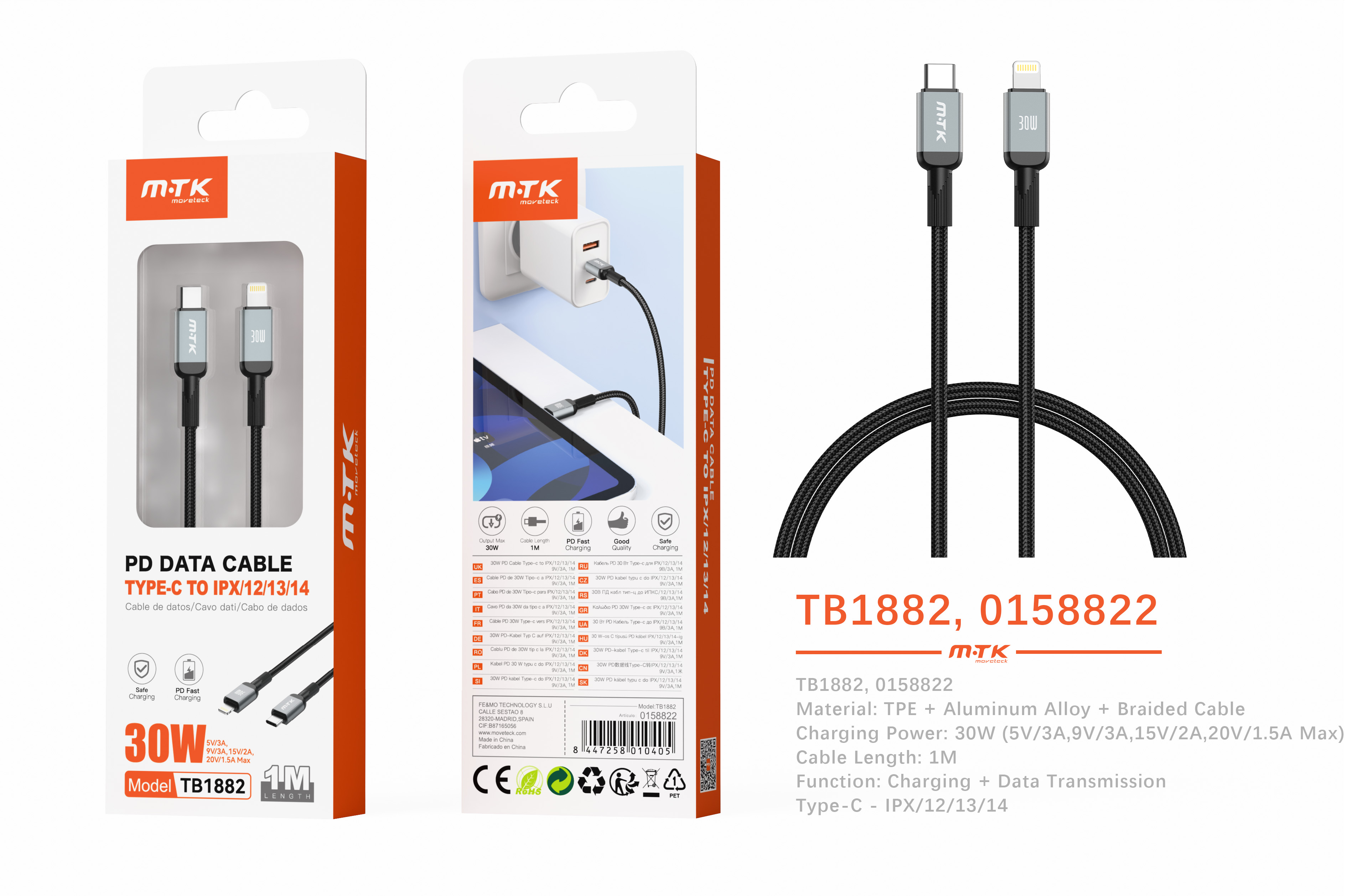 TB1882 NE Cable de datos Blarkon aluminio trenzado para Type-C a Iphone 5-14 con carga rapida PD, 30W/9V/3A, 1M, Negrois