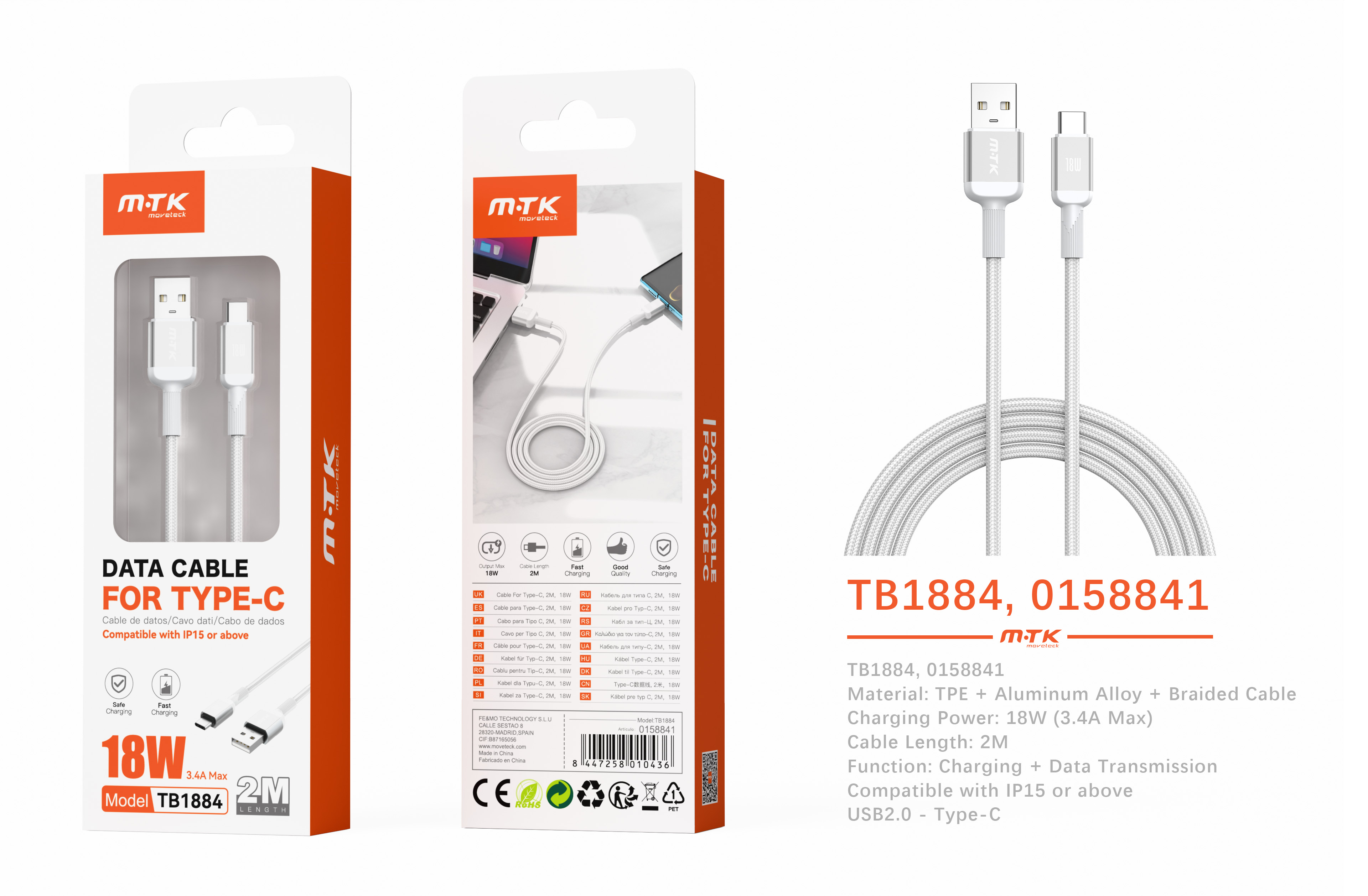 TB1884 BL Cable de datos Blarkon aluminio trenzado para Type-C, 18W/3.4A, 2M, Blanco