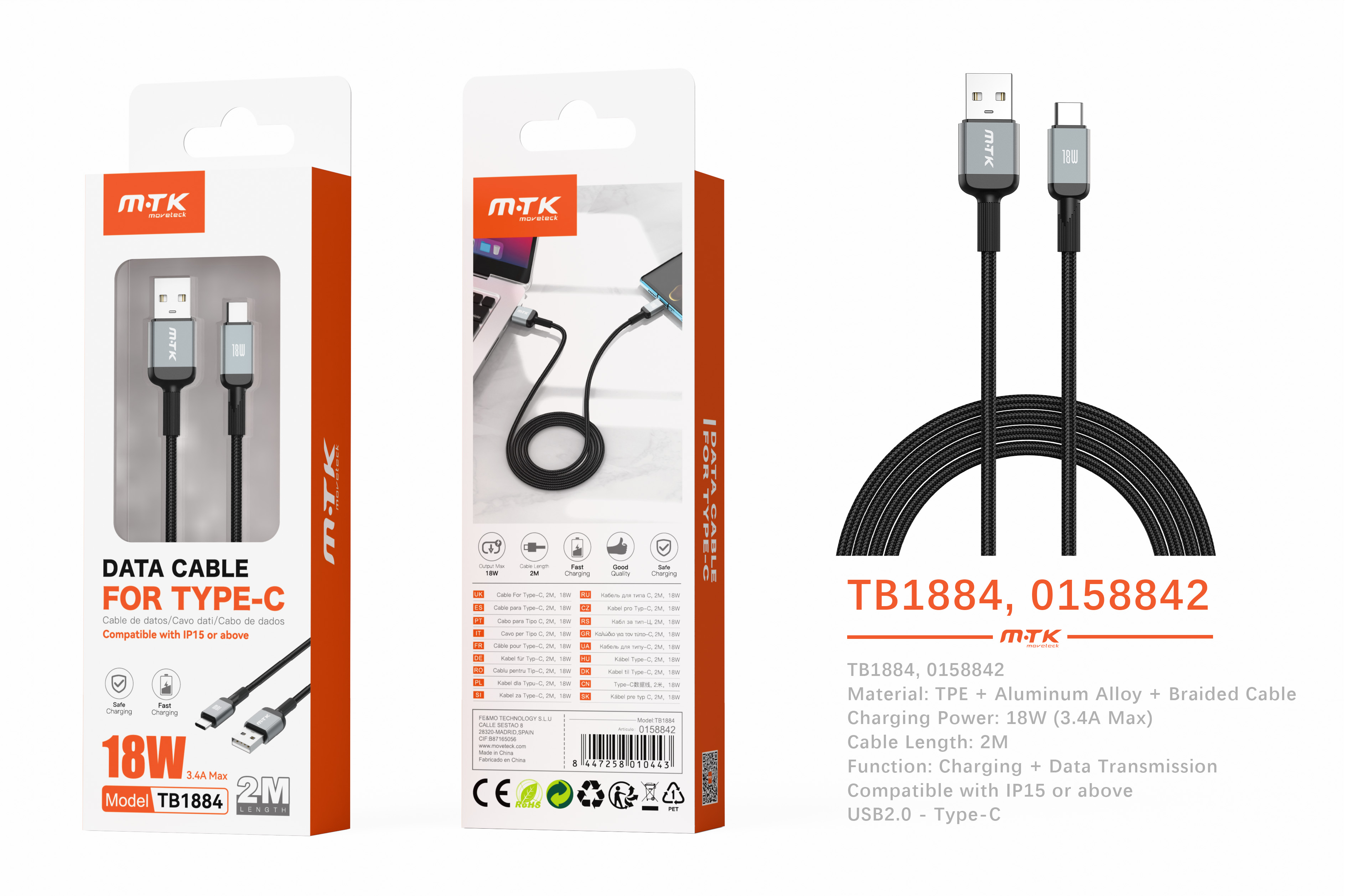 TB1884 NE Cable de datos Blarkon aluminio trenzado para Type-C, 18W/3.4A, 2M, Negrois