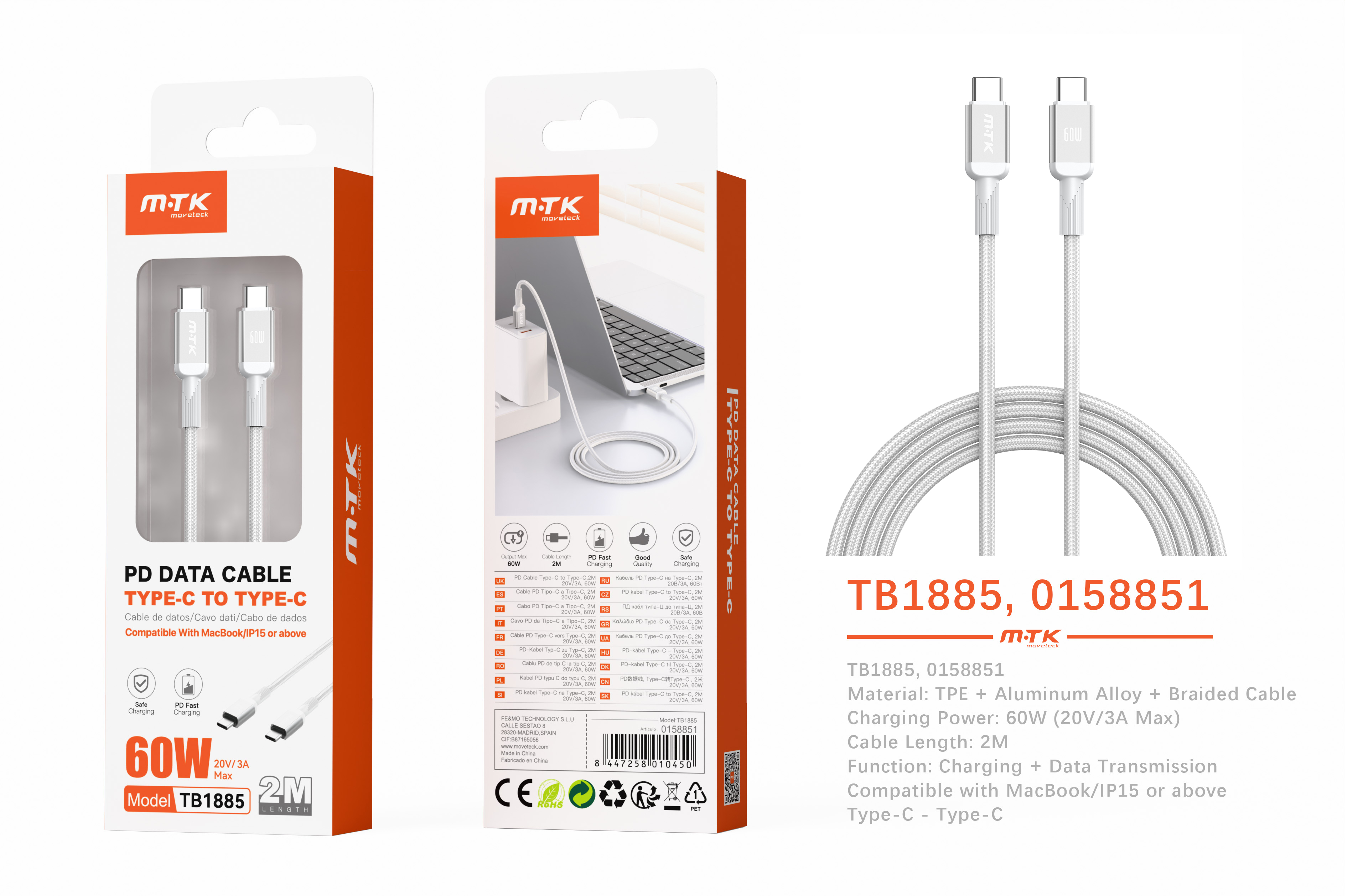 TB1885 BL Cable de datos Blarkon aluminio trenzado para Type-C a Type-C con carga rapida PD, 60W/20V/3A, 2M, Blanco