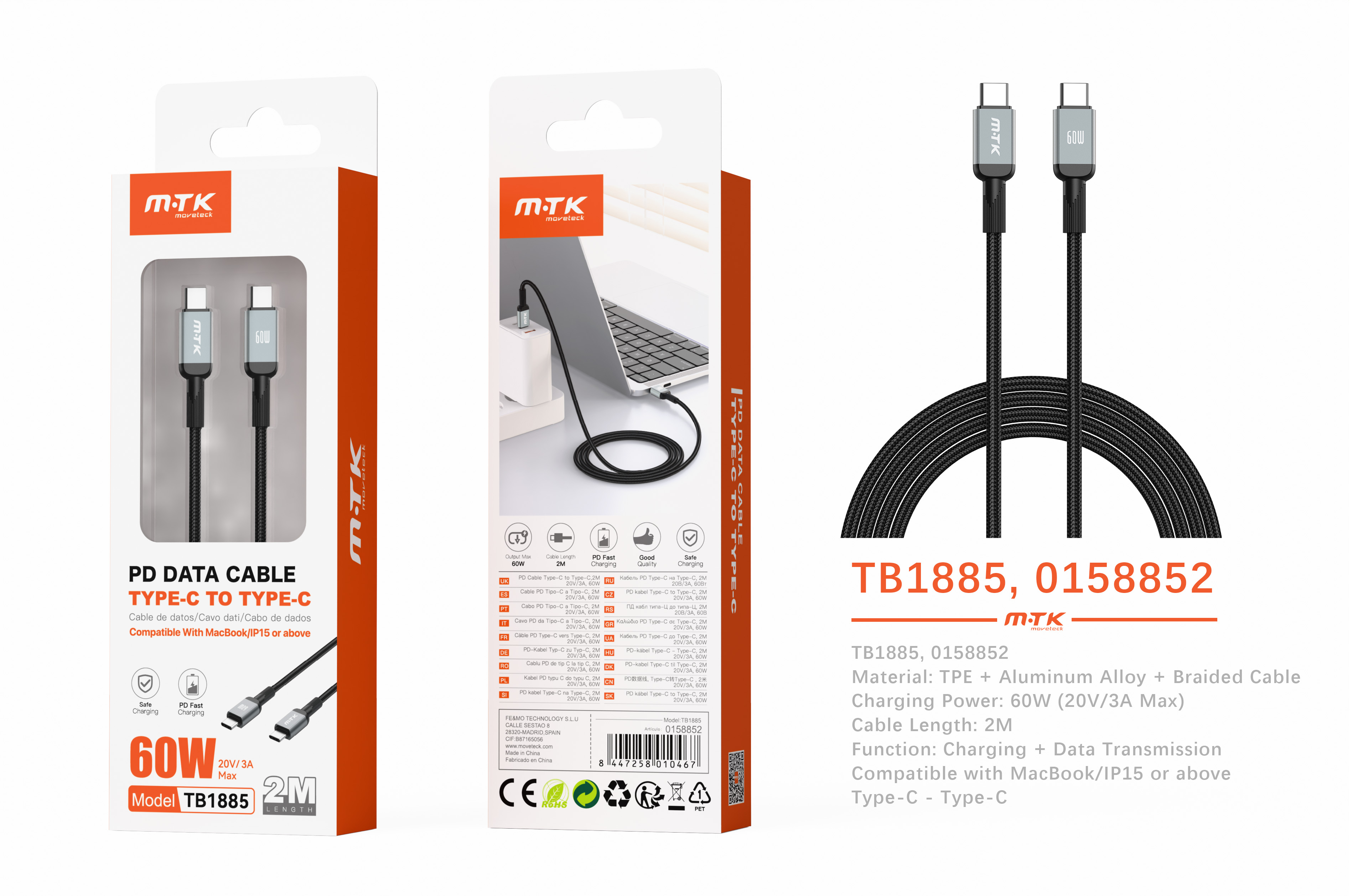 TB1885 NE Cable de datos Blarkon aluminio trenzado para Type-C a Type-C con carga rapida PD, 60W/20V/3A, 2M, Negrois