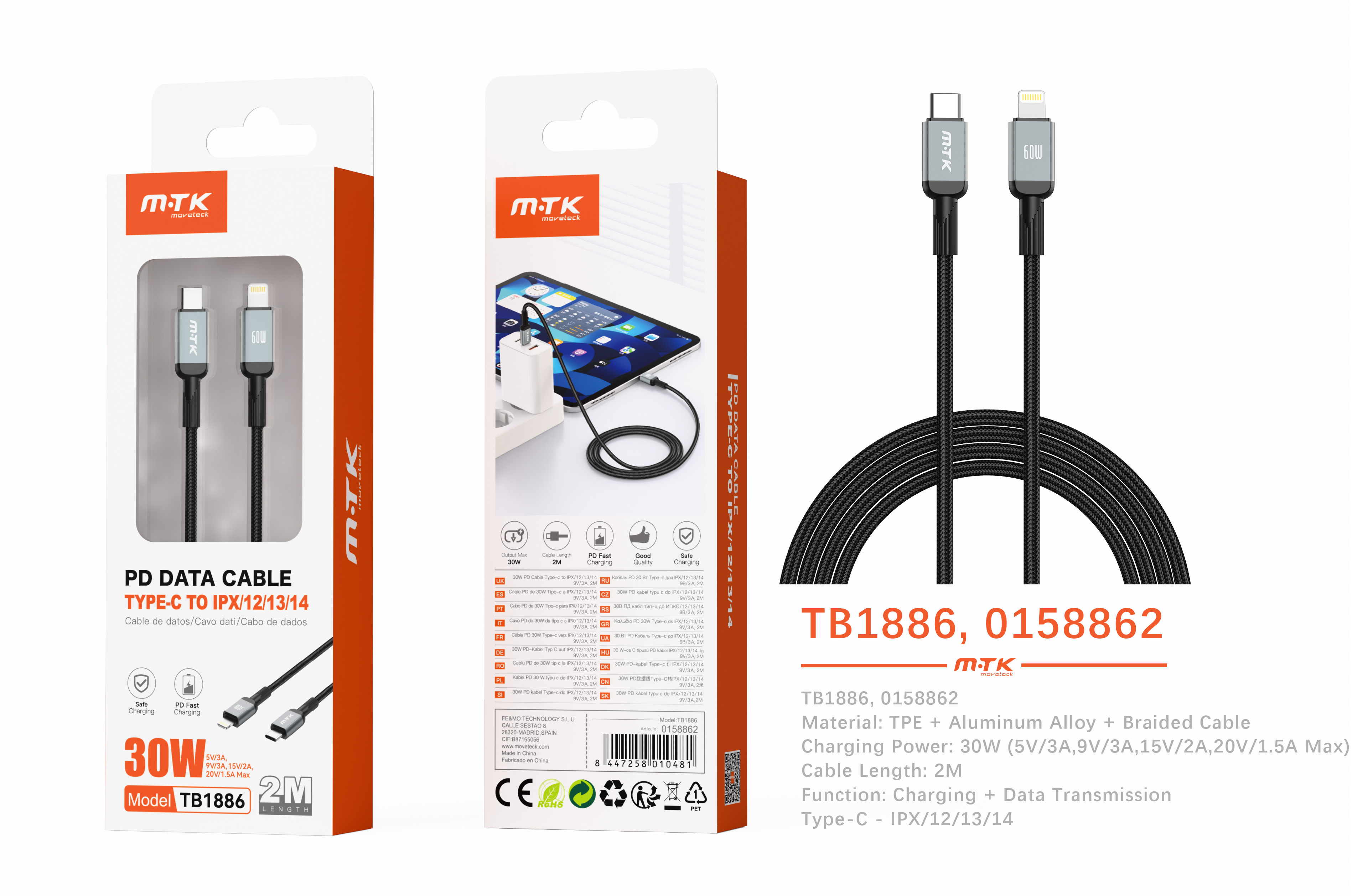 TB1886 NE Cable de datos Blarkon aluminio trenzado para Type-C a Iphone 5-14 con carga rapida PD, 30W/9V/3A, 2M, Negrois