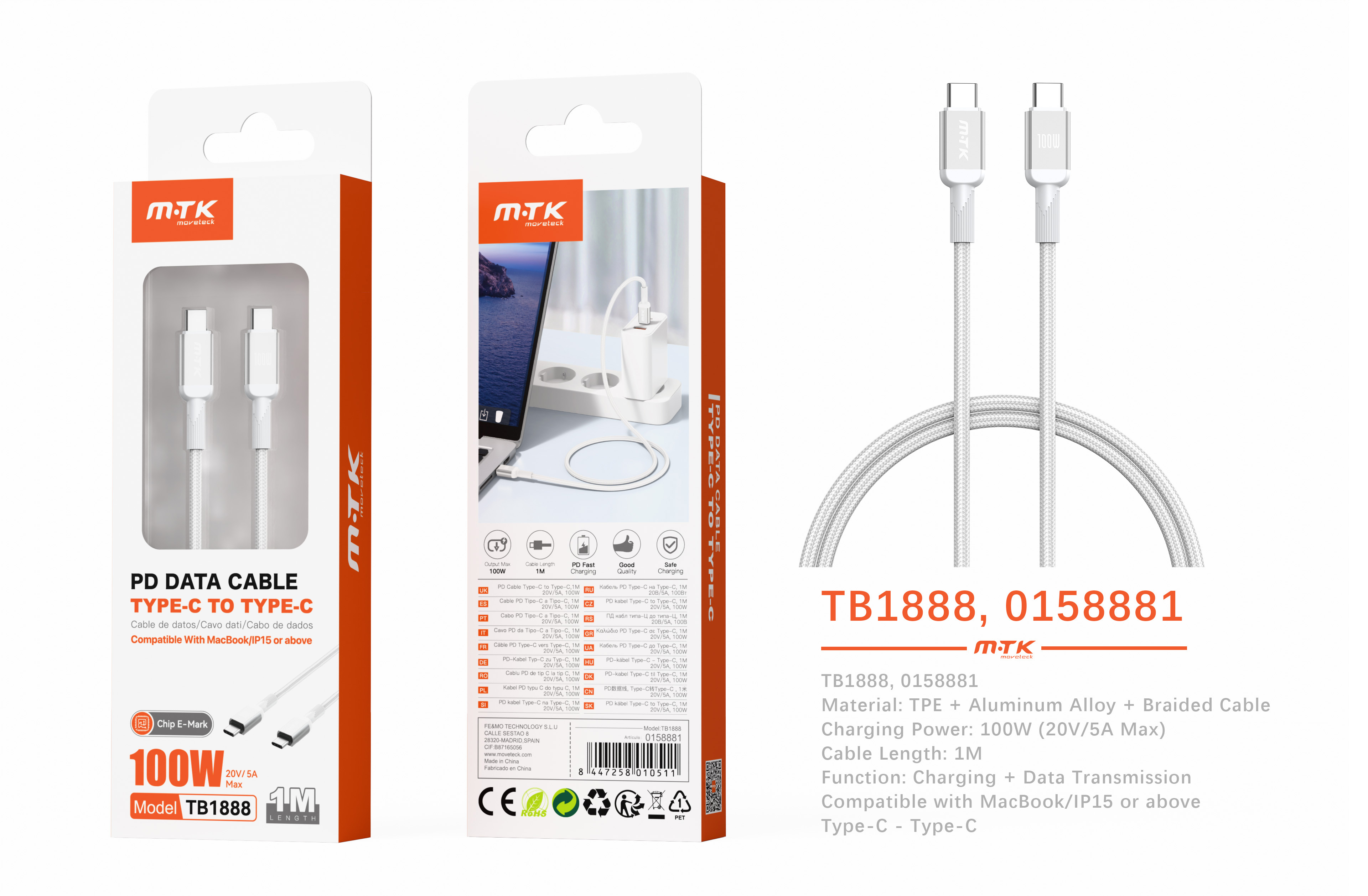 TB1888 BL Cable de datos Blarkon aluminio trenzado con chip E-Mark para Type-C a Type-C con carga rapida PD, 100W/20V/5A, 1M, Blanco