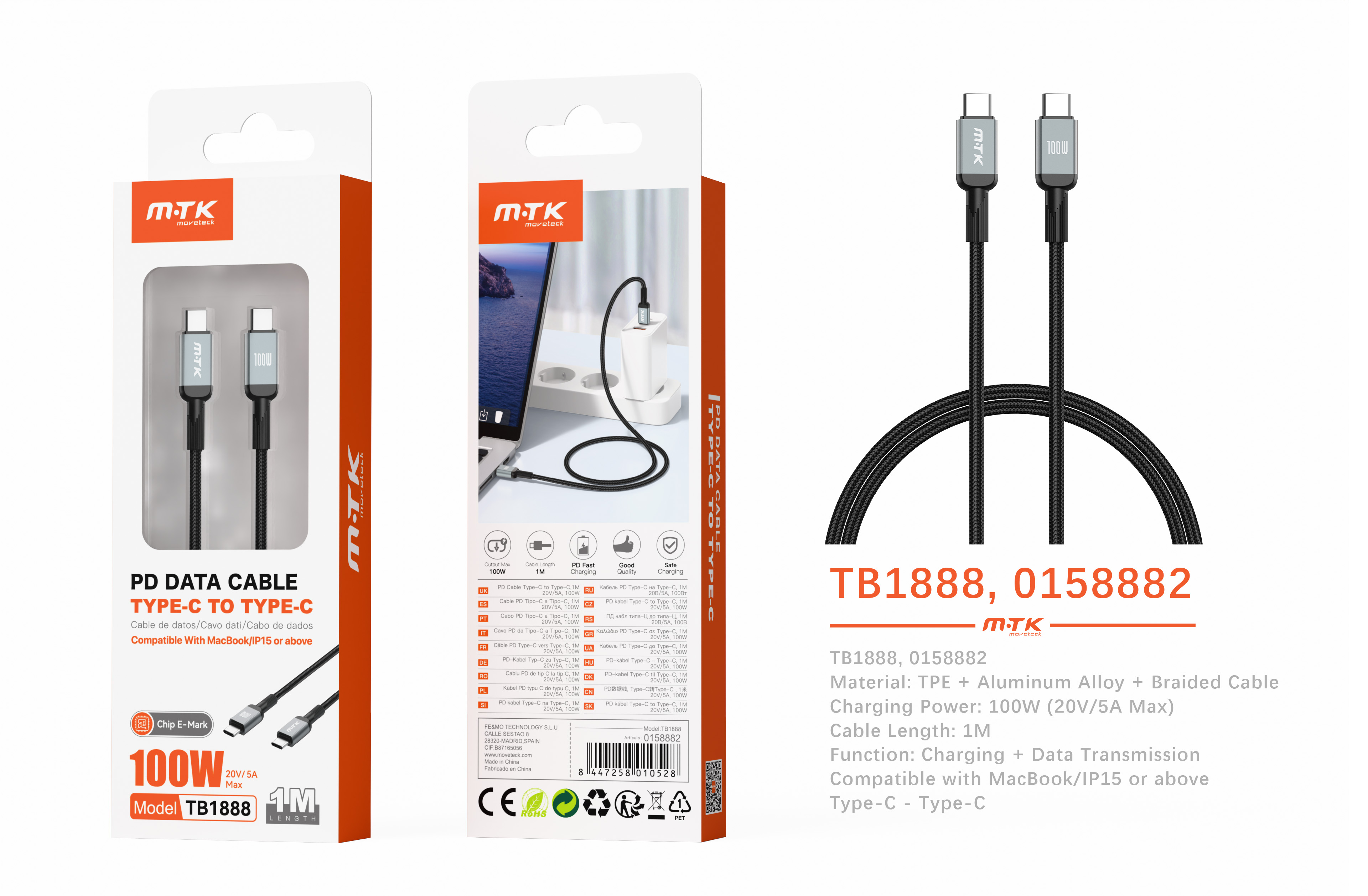 TB1888 NE Cable de datos Blarkon aluminio trenzado con chip E-Mark para Type-C a Type-C con carga rapida PD, 100W/20V/5A, 1M, Negro