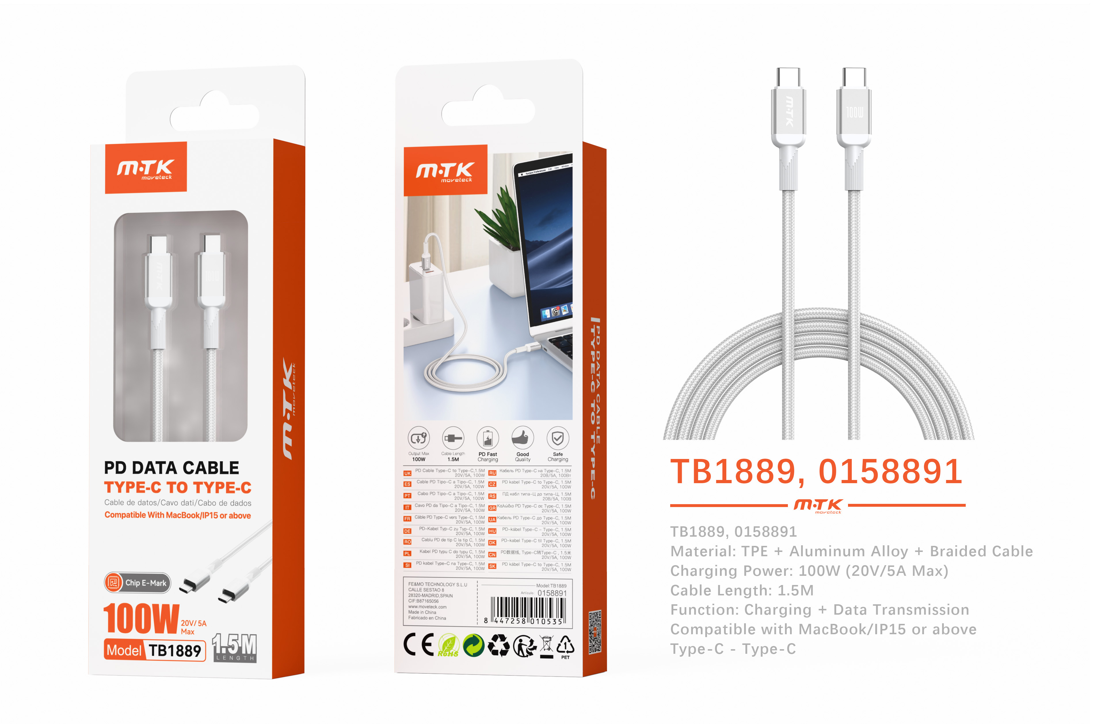 TB1889 BL Cable de datos Blarkon aluminio trenzado con chip E-Mark para Type-C a Type-C con carga rapida PD, 100W/20V/5A, 1.5M, Blanco