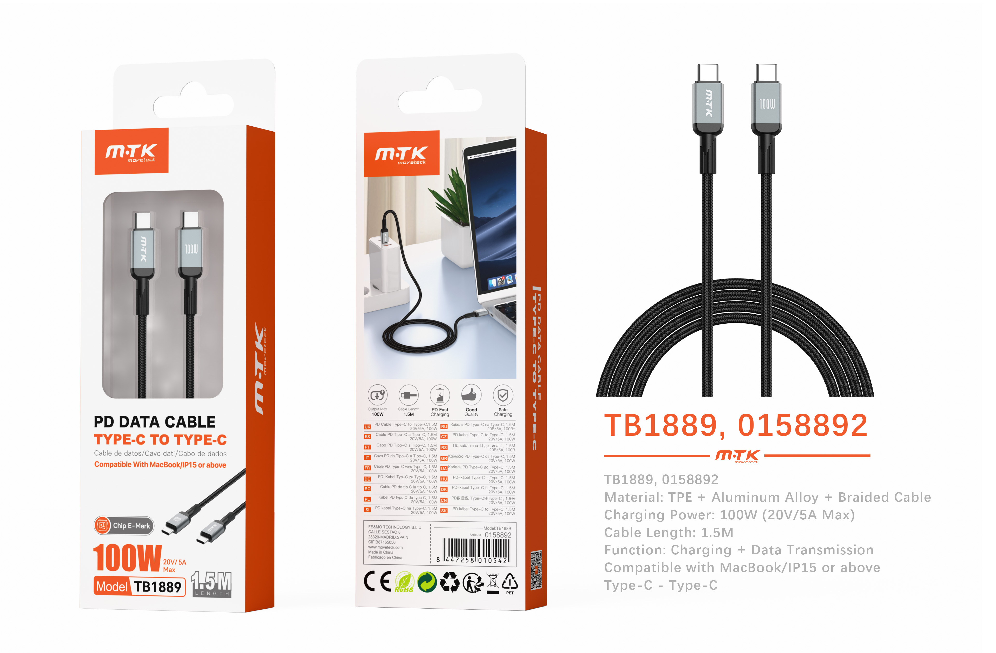 TB1889 NE Cable de datos Blarkon aluminio trenzado con chip E-Mark para Type-C a Type-C con carga rapida PD, 100W/20V/5A, 1.5M, Negro