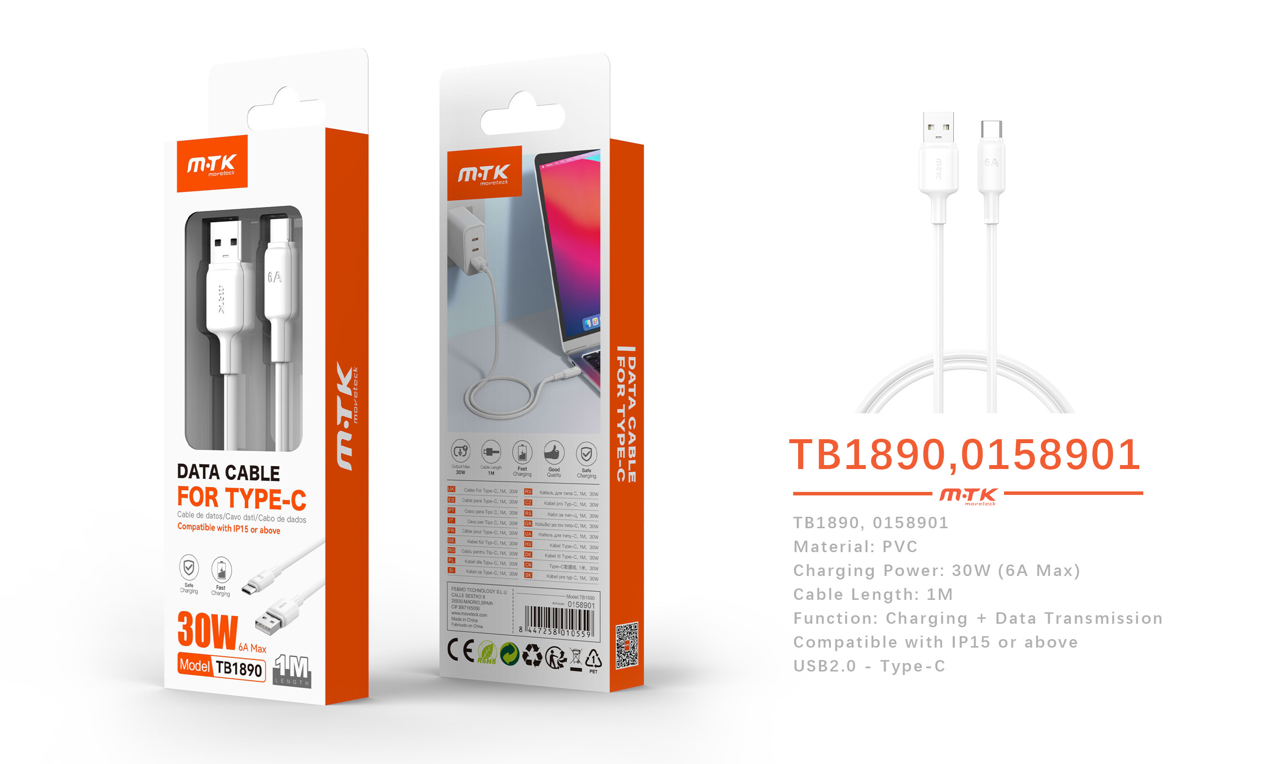 TB1890 BL Cable de Datos Orvion con carga rapida para Type-C  30W/6A/1M, Blanco