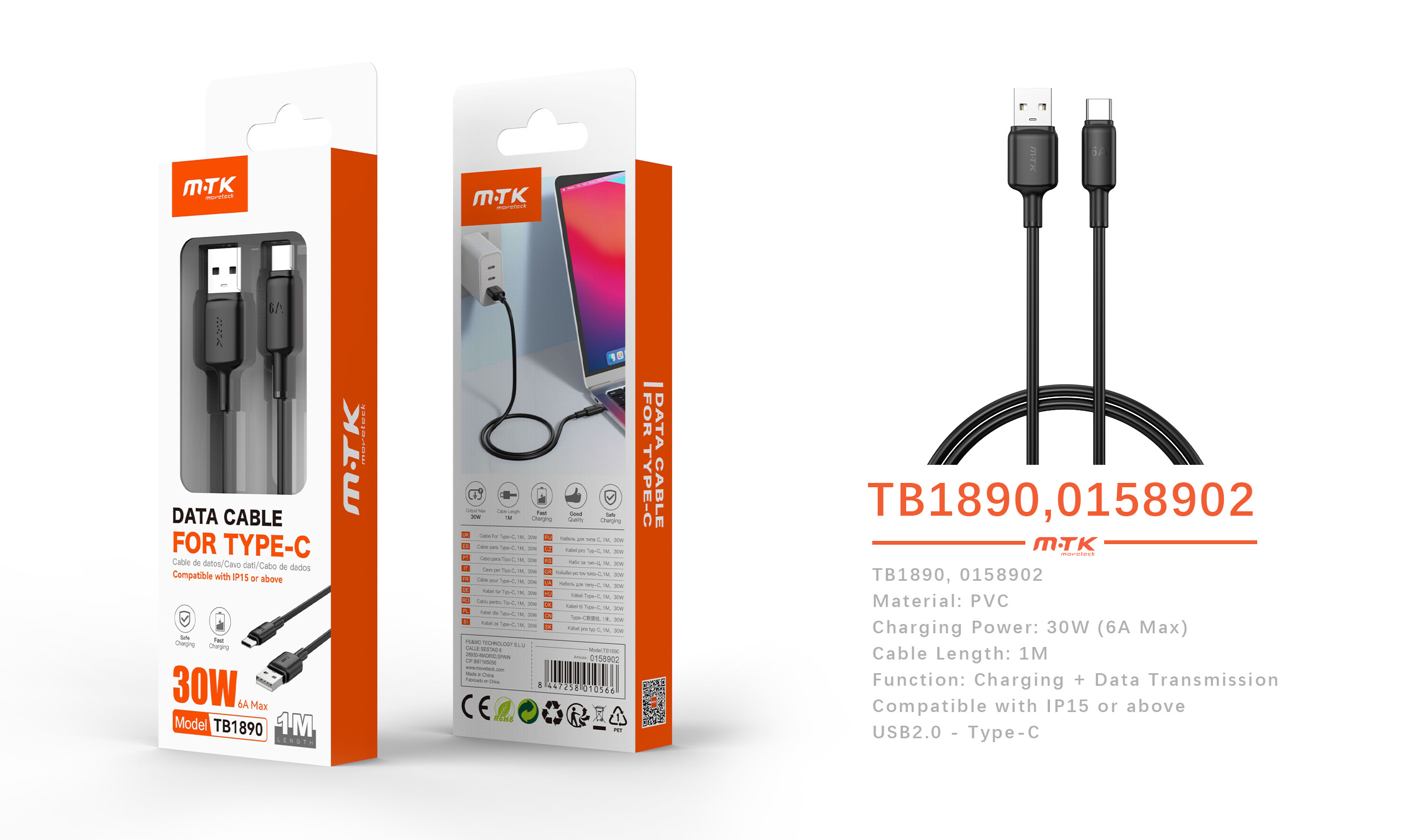 TB1890 NE Cable de Datos Orvion con carga rapida para Type-C  30W/6A/1M, Negro