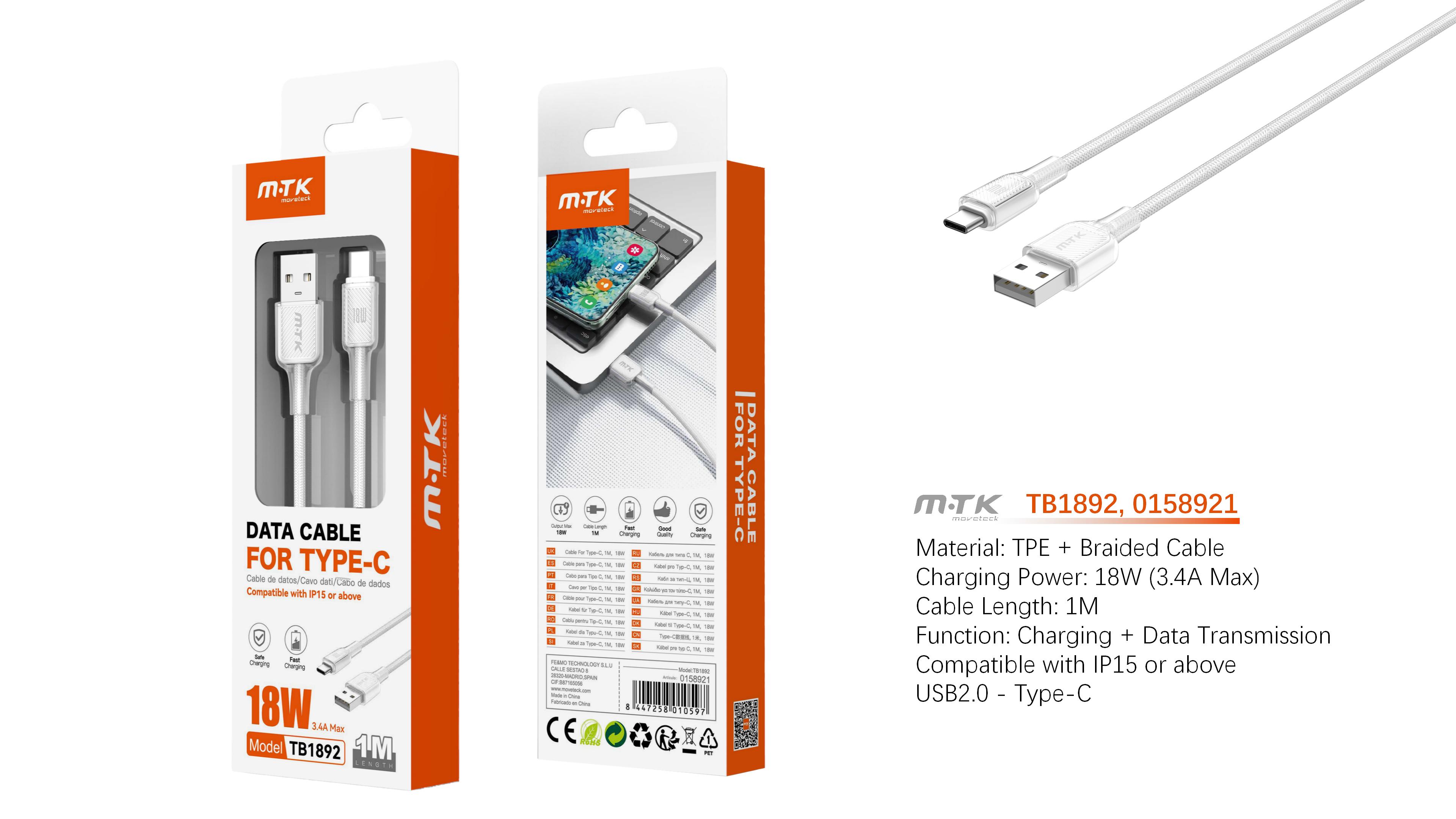 TB1892 BL Cable de Datos trenzado Lazric para Type-C  18W/3.4A/1M, Blanco