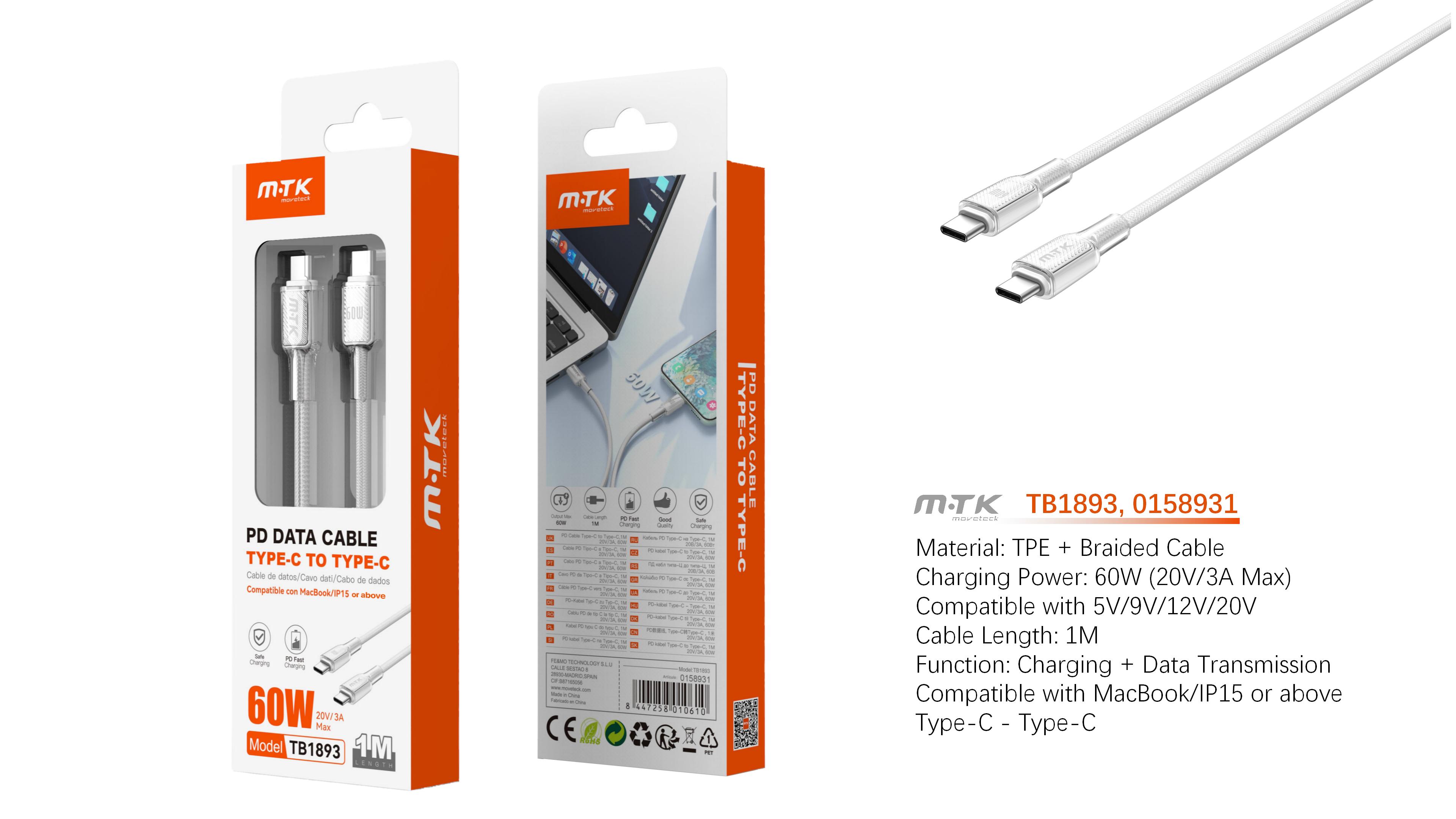 TB1893 BL Cable de Datos Lazric trenzado con carga rapida para Type-C a Type-C  60W/20V/3A/1M, Blanco