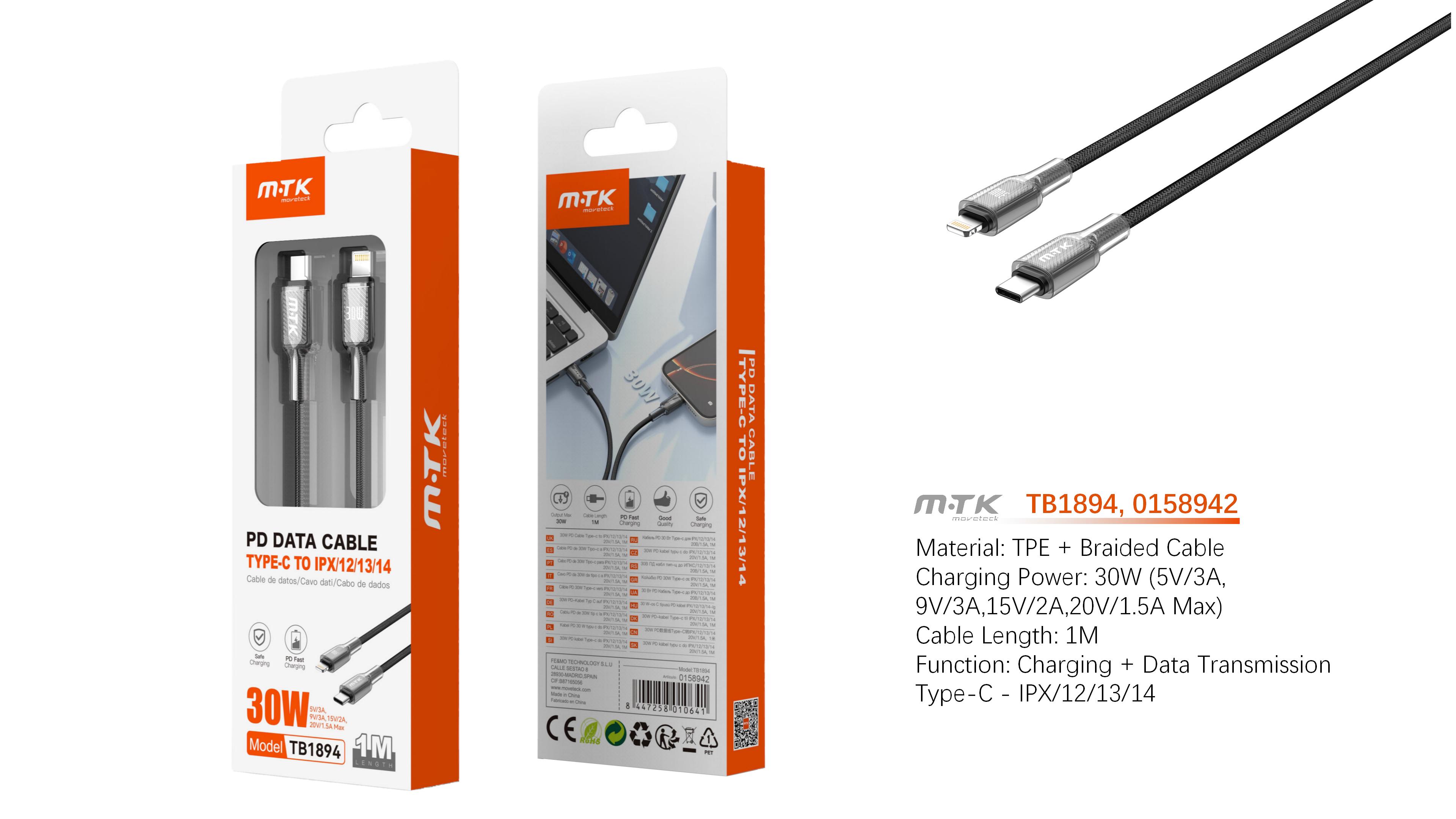TB1894 NE Cable de Datos Lazric trenzado con carga rapida para Type-C a Iphone  30W/20V/1.5A/1M, Negro