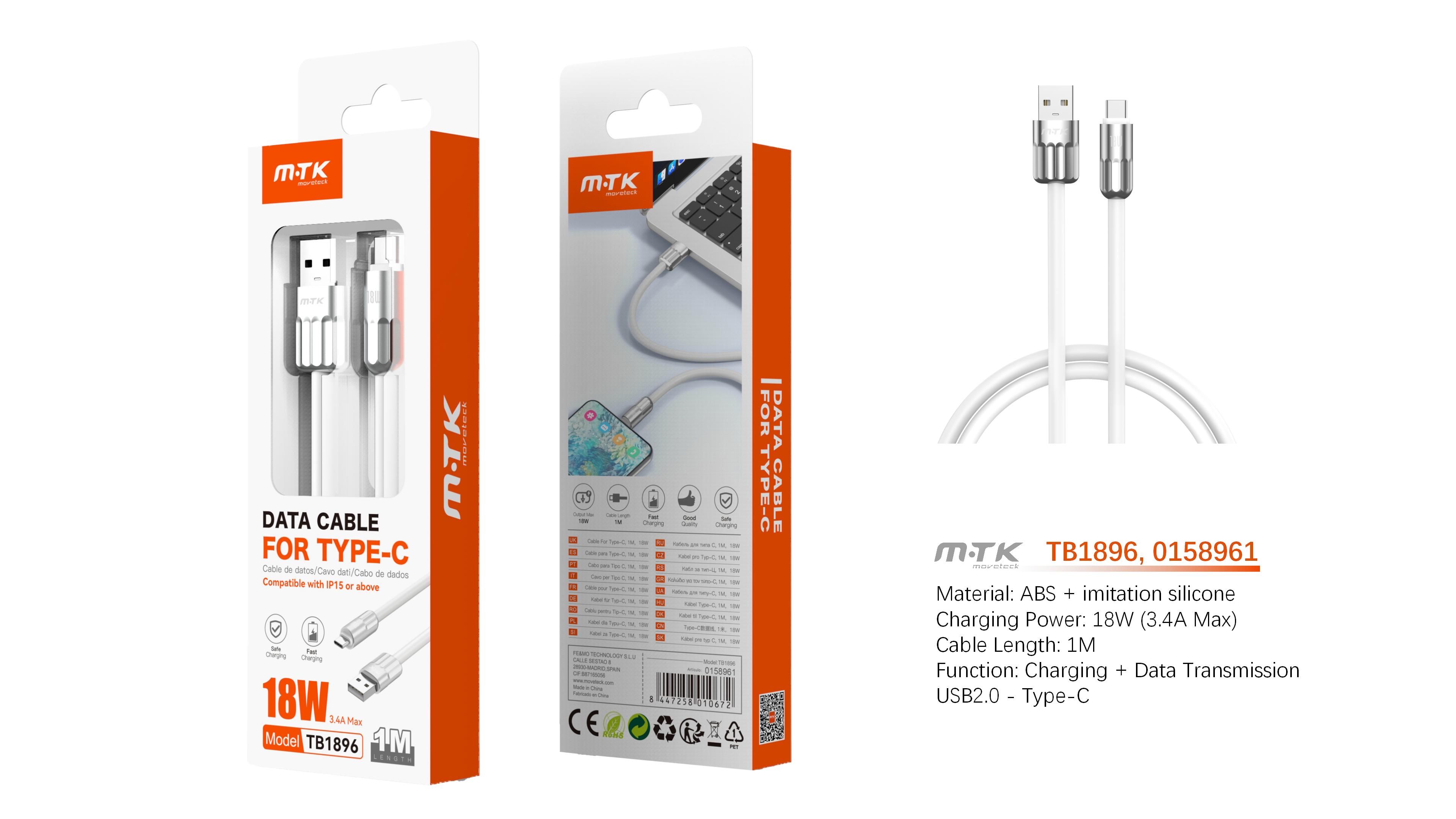 TB1896 BL Cable de Datos Caldris para Type-C  18W/3.4A/1M, Blanco