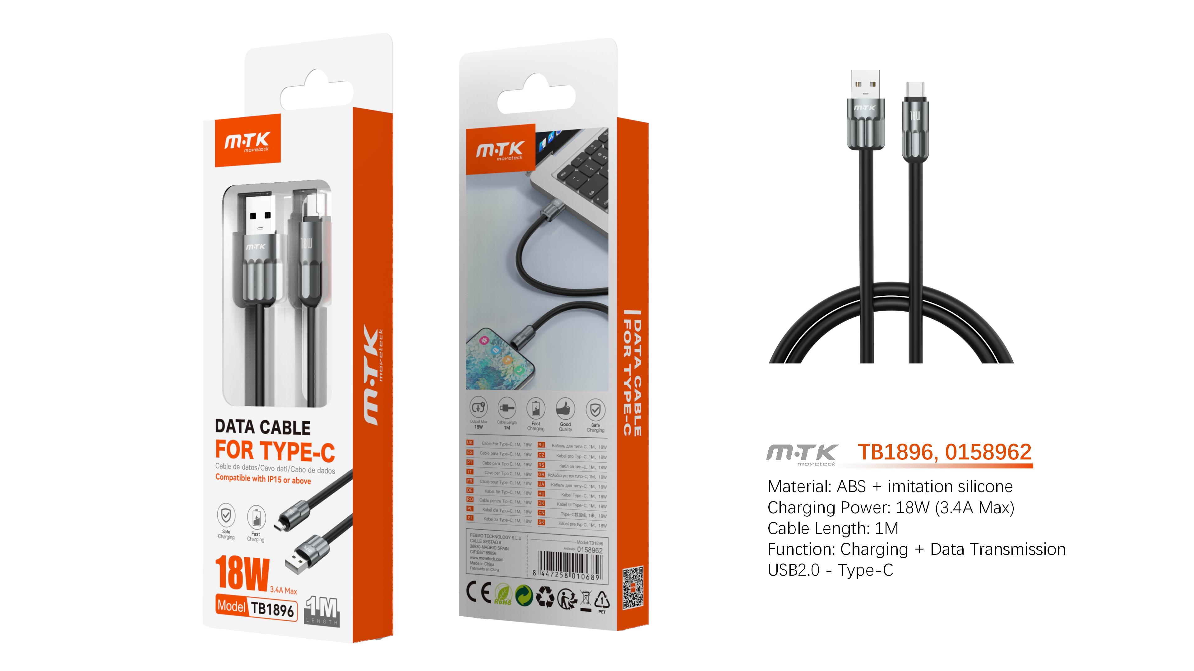 TB1896 NE Cable de Datos Caldris para Type-C  18W/3.4A/1M, Negro