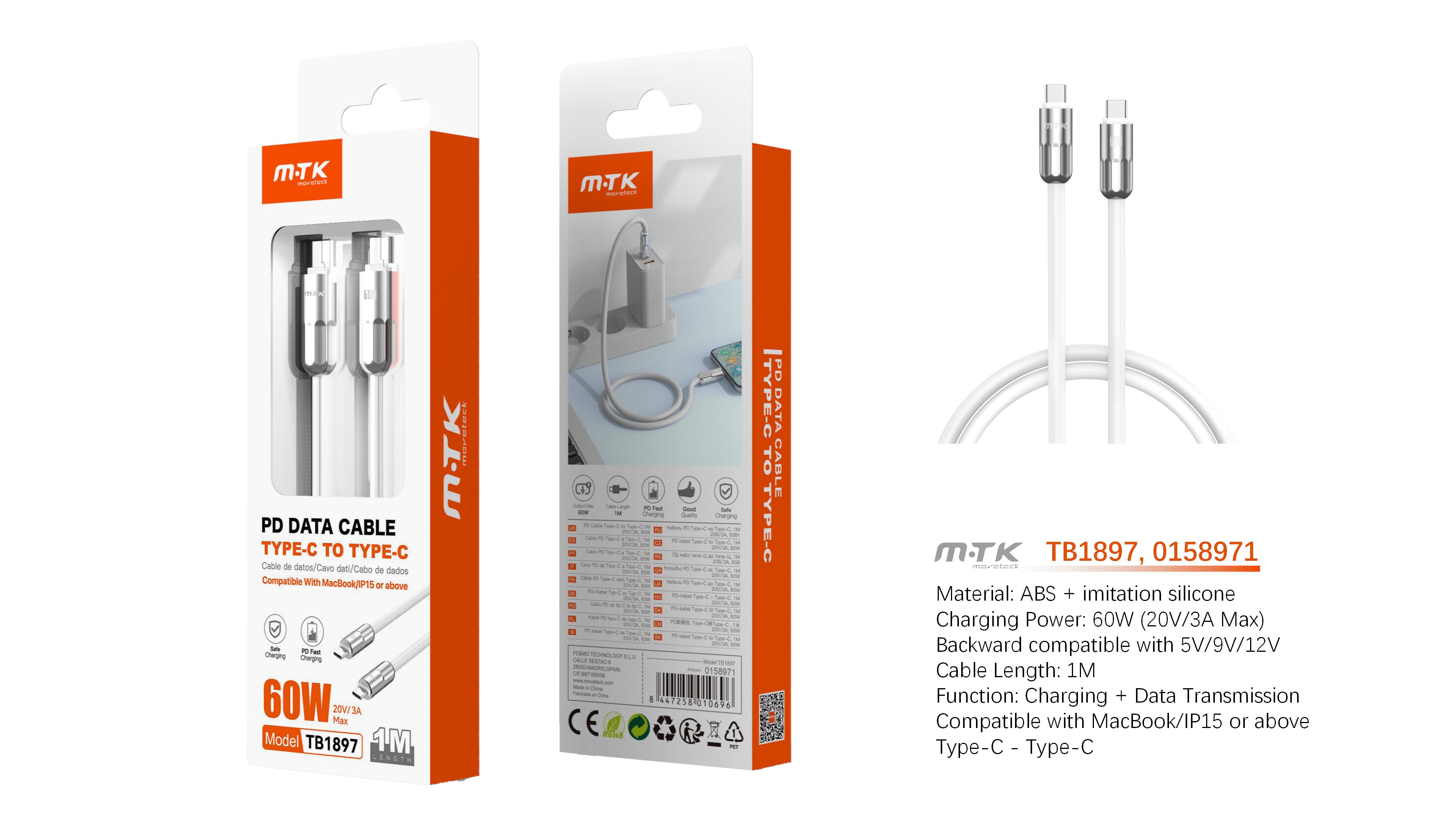 TB1897 BL Cable de Datos Caldris con carga rapida para Type-C a Type-C  60W/20V/3A/1M, Blanco