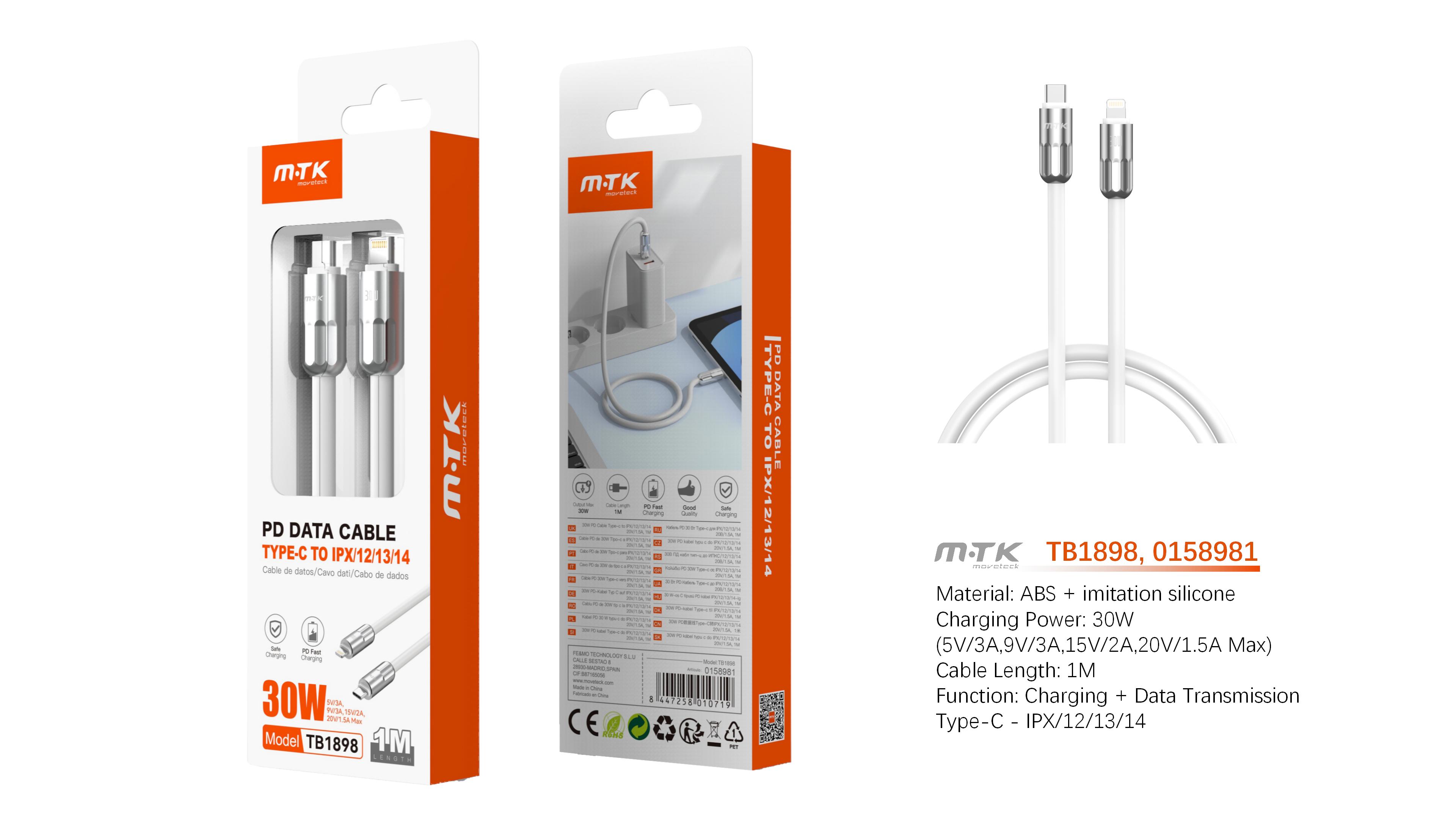 TB1898 BL Cable de Datos Caldris con carga rapida para Type-C a Iphone  30W/20V/1.5A/1M, Blanco
