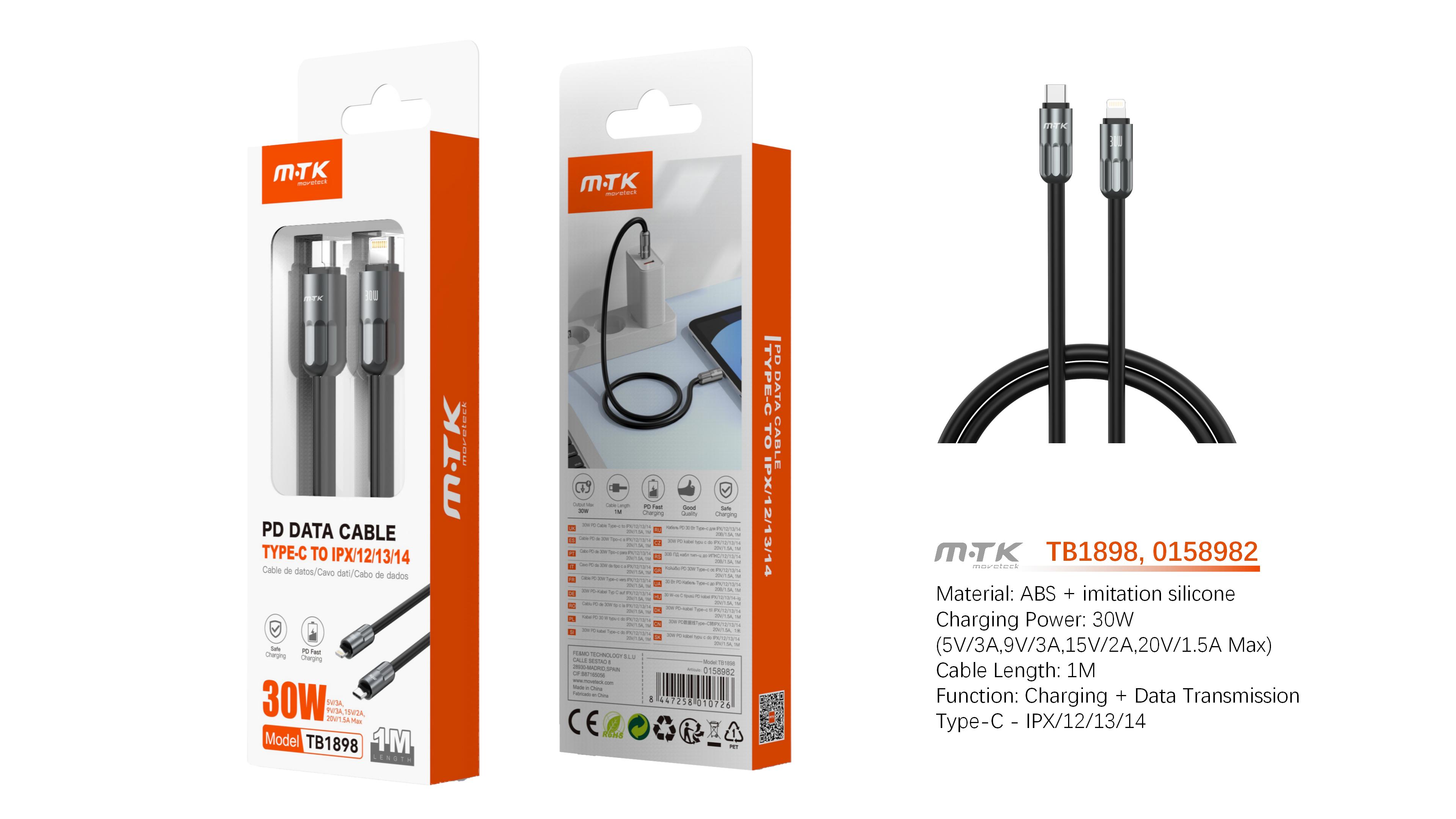TB1898 NE Cable de Datos Caldris con carga rapida para Type-C a Iphone  30W/20V/1.5A/1M, Negro