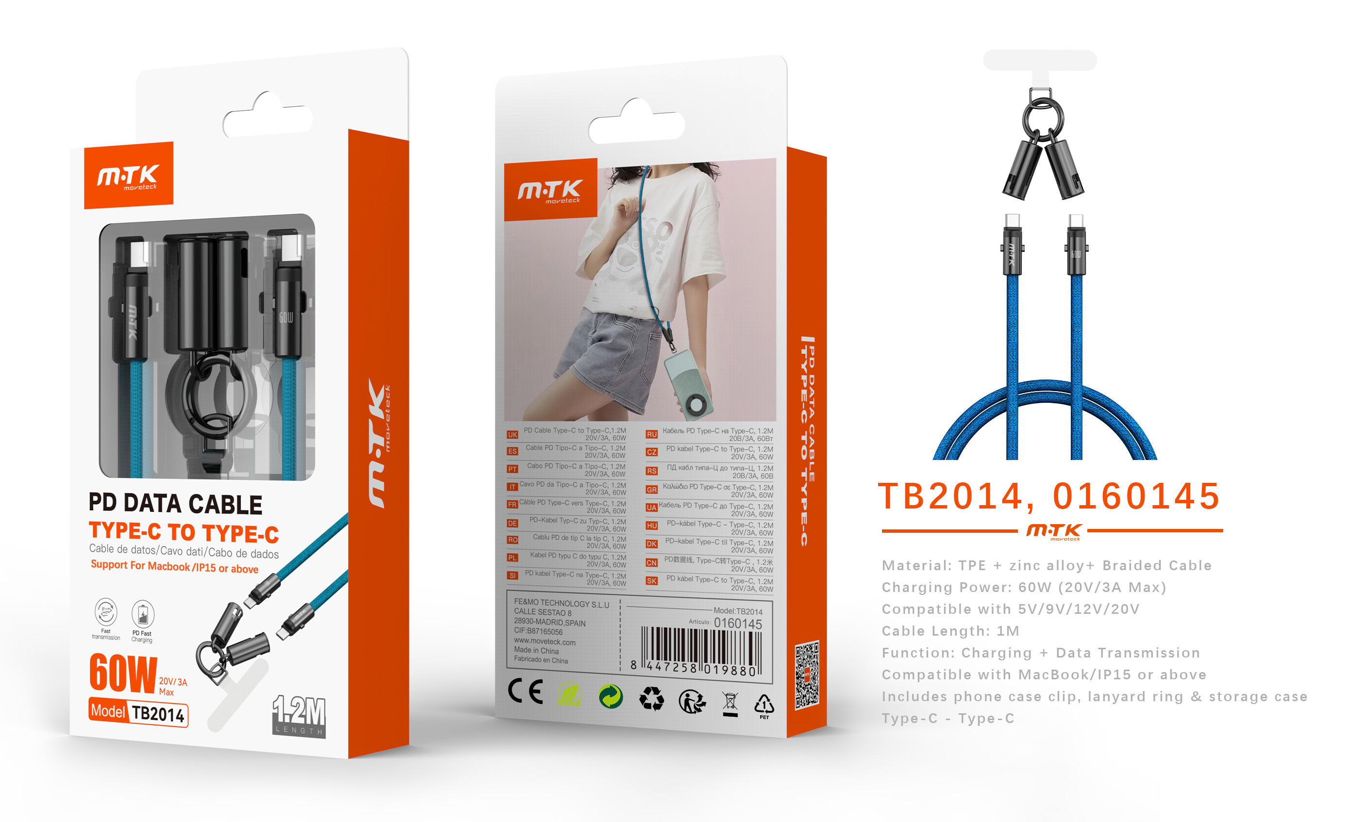 TB2014 AZ Cable de datos  trenzado Varniqo 2 en 1 carga rapida type-C a type-C+funcion de correa par