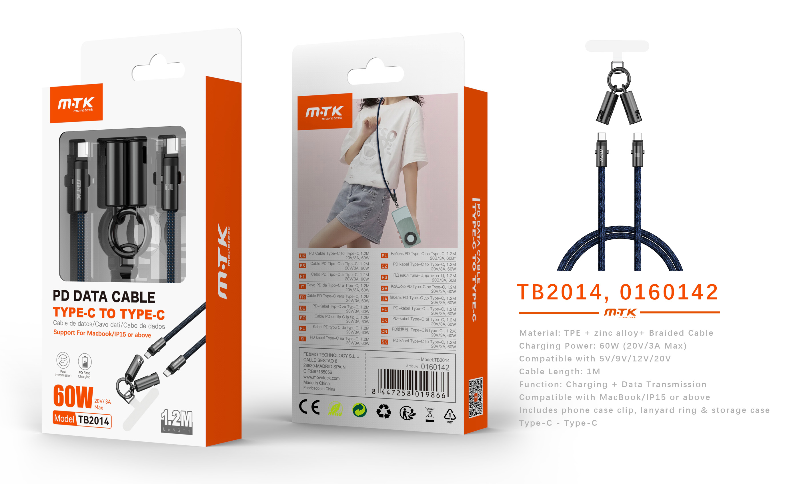TB2014 NE Cable de datos  trenzado Varniqo 2 en 1 carga rapida type-C a type-C+funcion de correa par