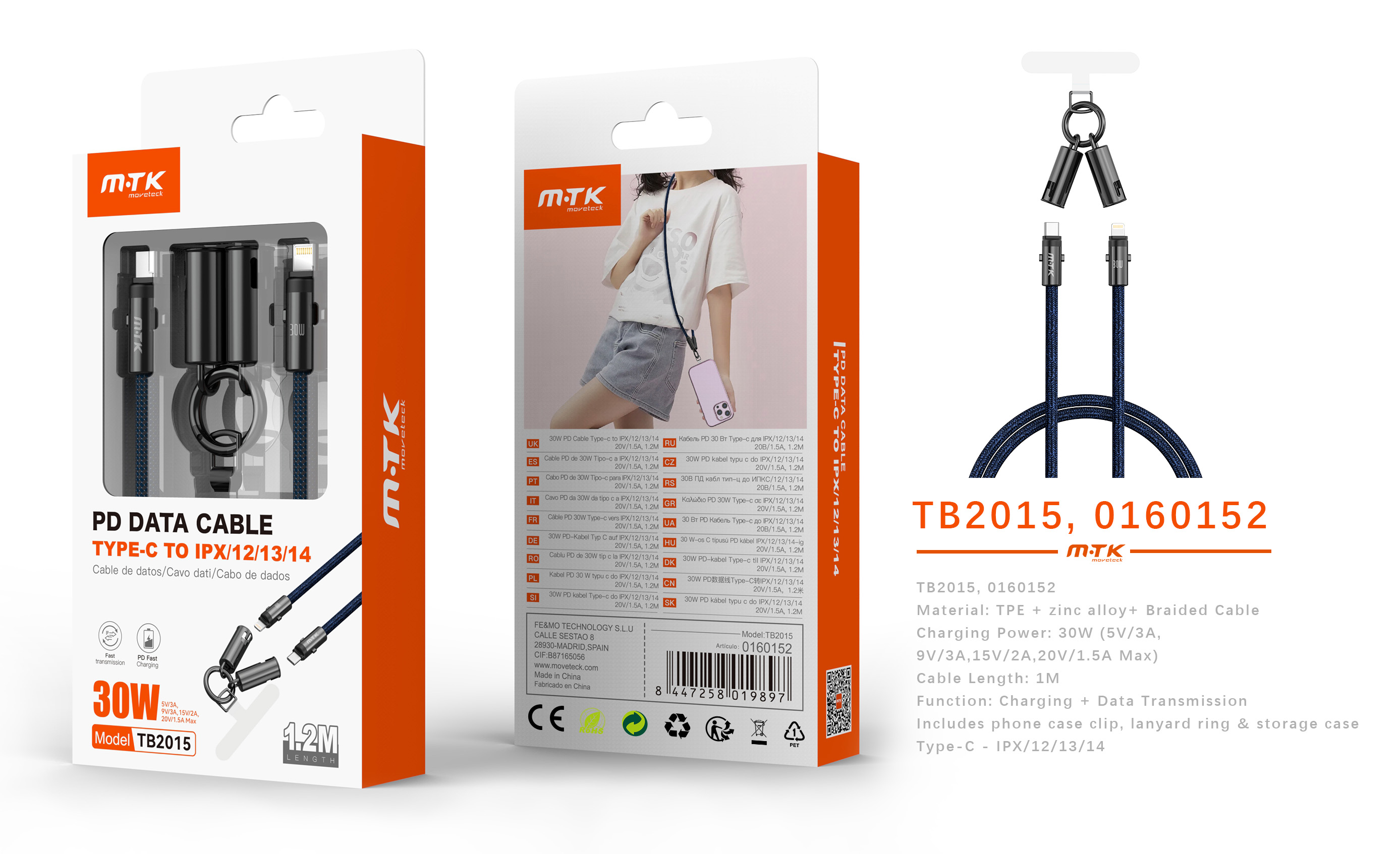 TB2015 NE Cable de datos  trenzado Varniqo 2 en 1 carga rapida type-C a Iphone+funcion de correa par