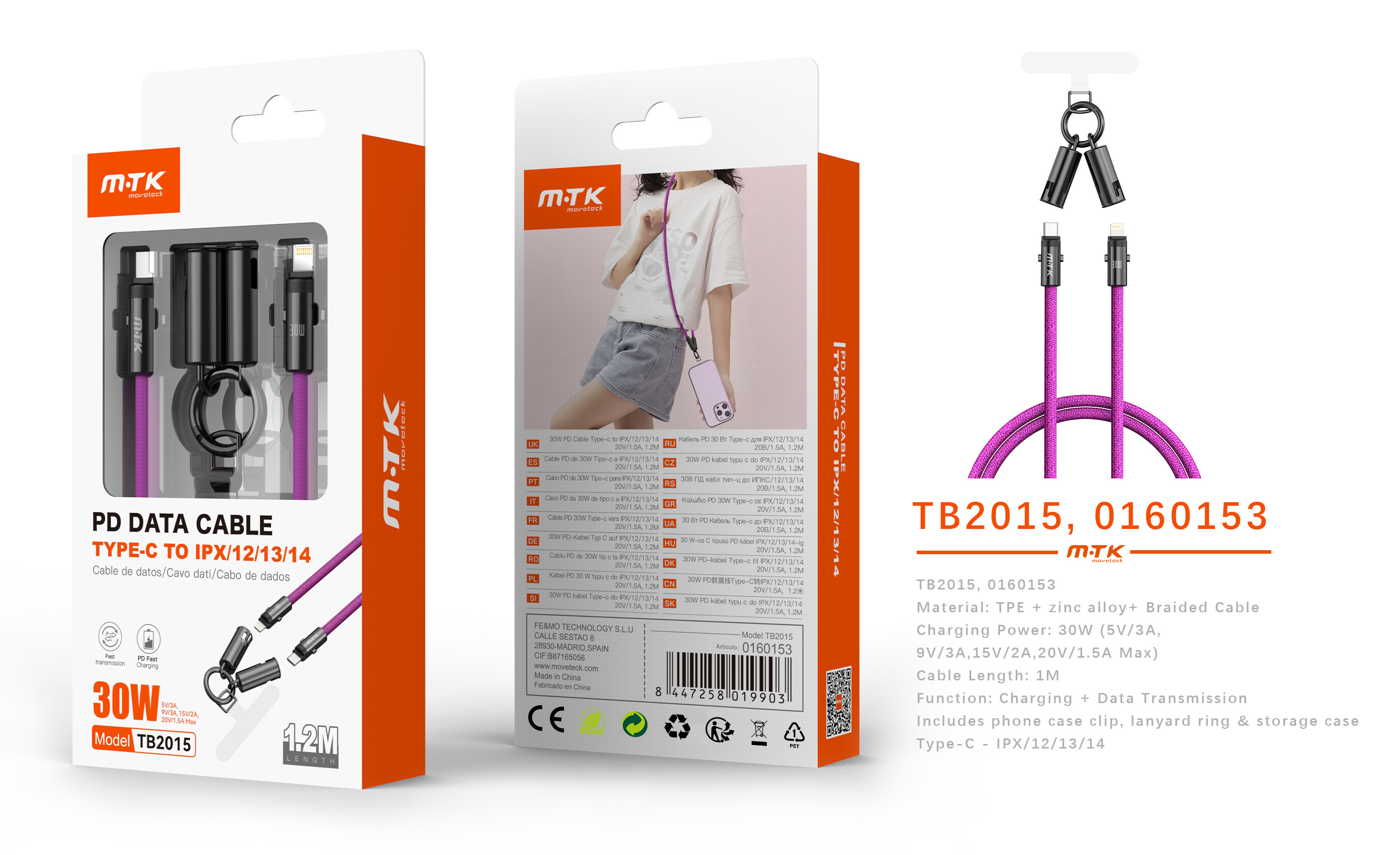 TB2015 RS Cable de datos  trenzado Varniqo 2 en 1 carga rapida type-C a Iphone+funcion de correa par