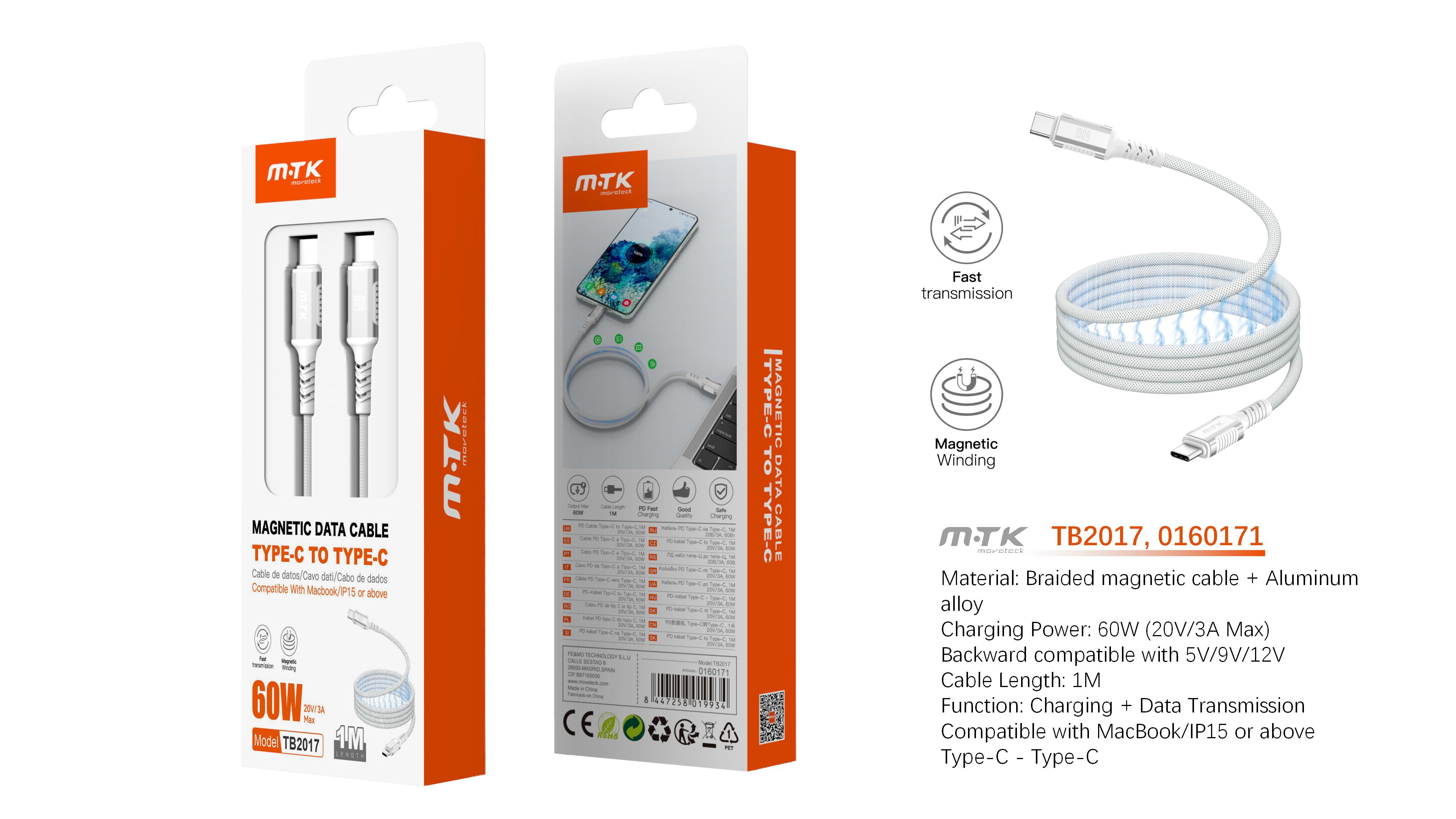 TB2017 BL Cable de datos Jex magnetico trenzado, Type-C a Type-C, Carga Rapida PD 60W/20V/3A, Cable